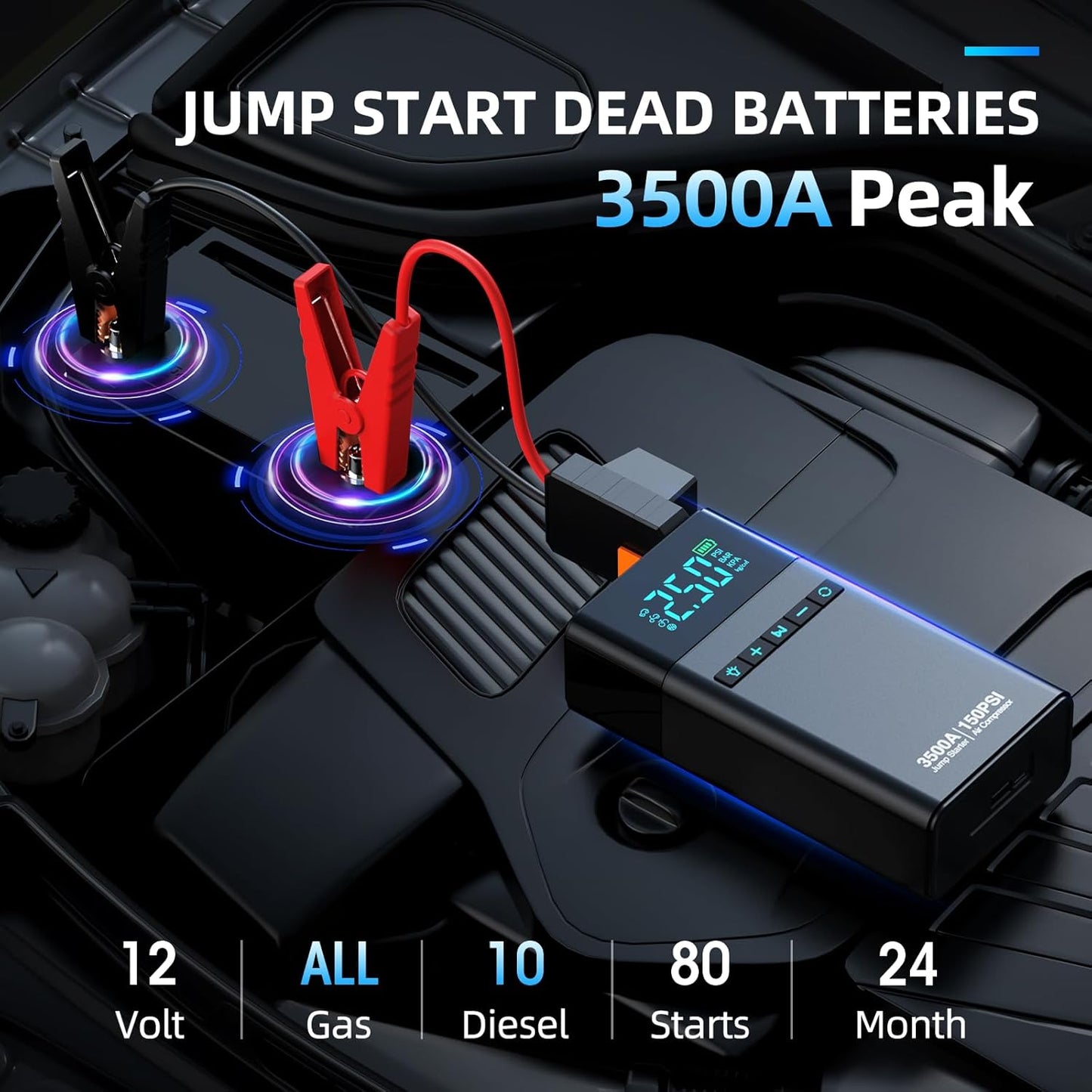 10-in-1 Car Battery Jump Starter with Air Compressor, 3500A 21800mAh Portable Car Jumper Starter (All Gas 12L Diesel), 150PSI 12V Jump Box Car Battery Jump Starter with Jumper Cables, Lights