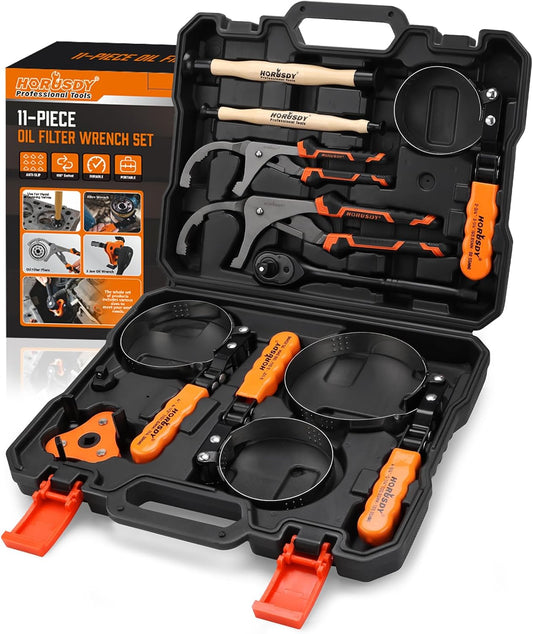 11-Piece Oil Filter Wrench Set with Storage Case - Swivel Wrenches Fit 2-3/4" to 5-1/4", Adjustable Filter Pliers (9" & 12"), Valve Lapper Set, 3-Jaw Socket, Ratchet Handle for Garage, Roadside Repair