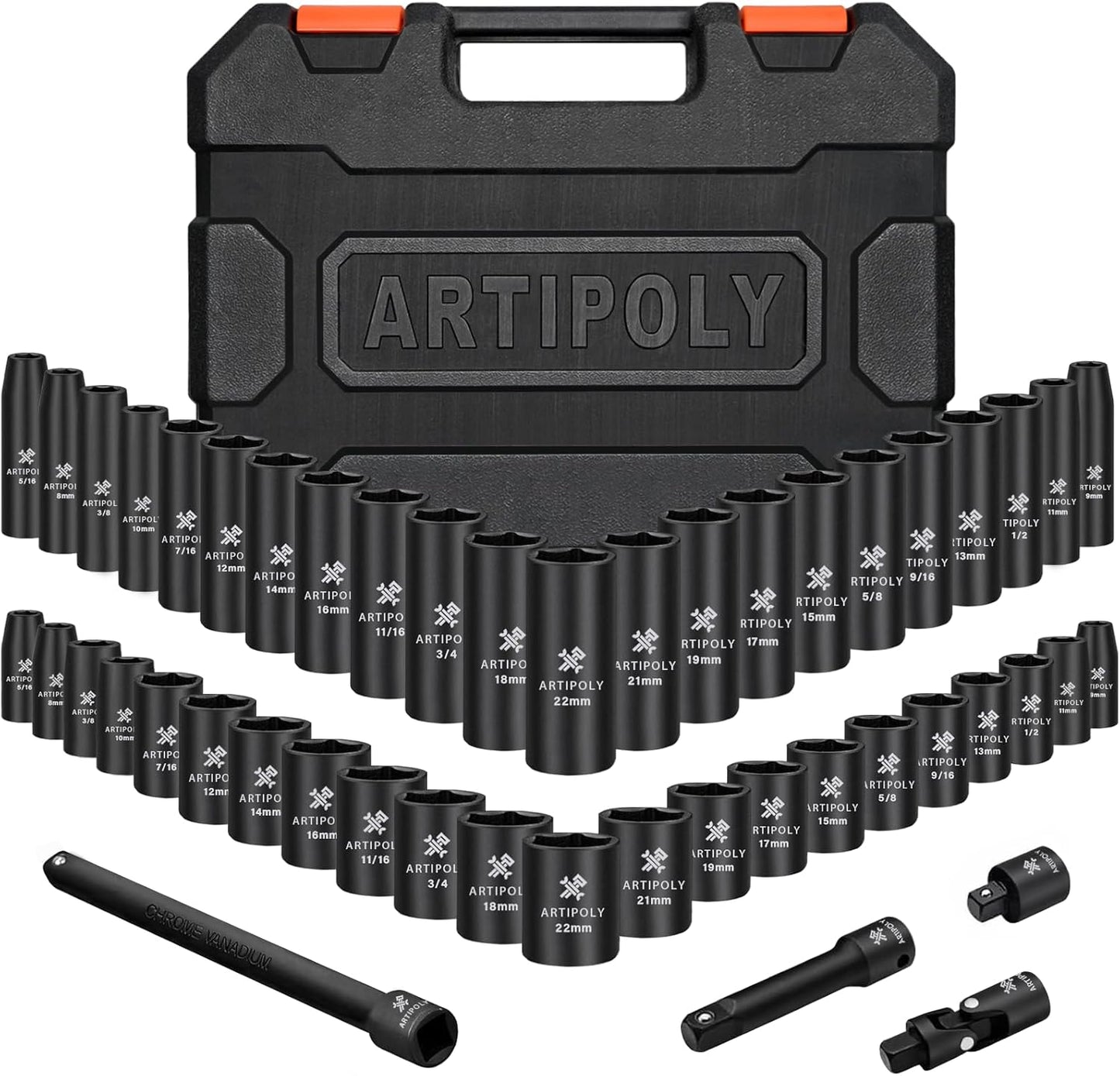 20 Pieces 1/2" Drive Metric Deep Impact Socket Set,10mm-24mm no skip, Includes Extension Bars, Universal Joint and Adapter, 6 Point Design, Meets ANSI Standards