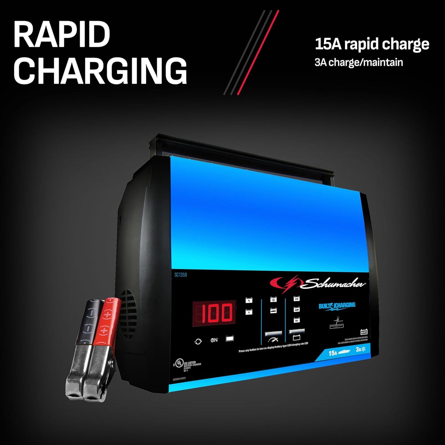 Schumacher Electric Rapid Battery Charger and Maintainer, SC1359, 4-in-1, Fully Automatic, Battery Tester, 15 Amps, 6 Volt, 12 Volt, for Car, SUV, Truck, and Marine Batteries