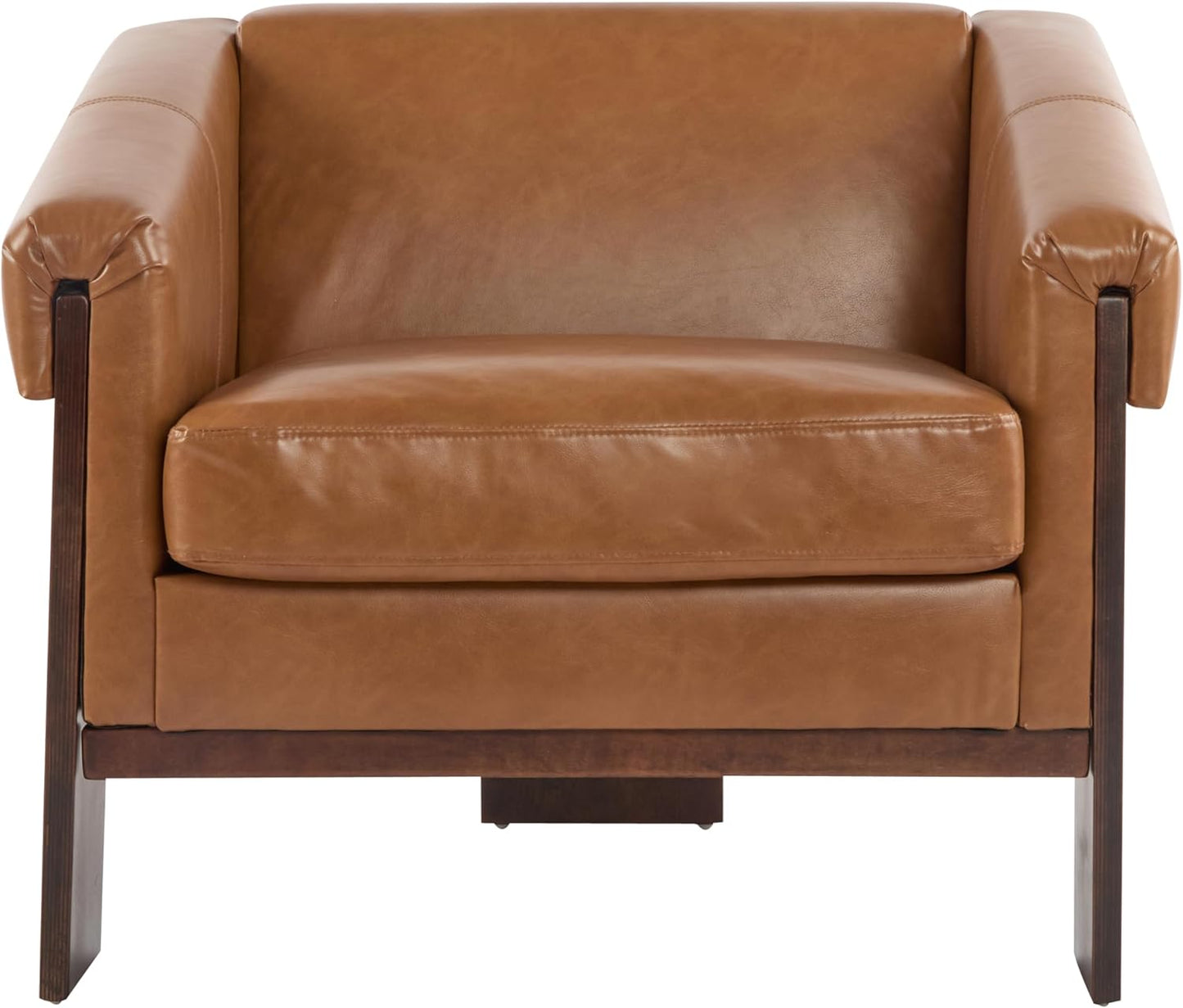 Christopher Knight Home Upholstered Accent Chair, Mid-Century Club Chair, PU Armchair with Cushions and Wood Legs – Modern Armrest Seating for Living Room, Bedroom or Office, Walnut Brown