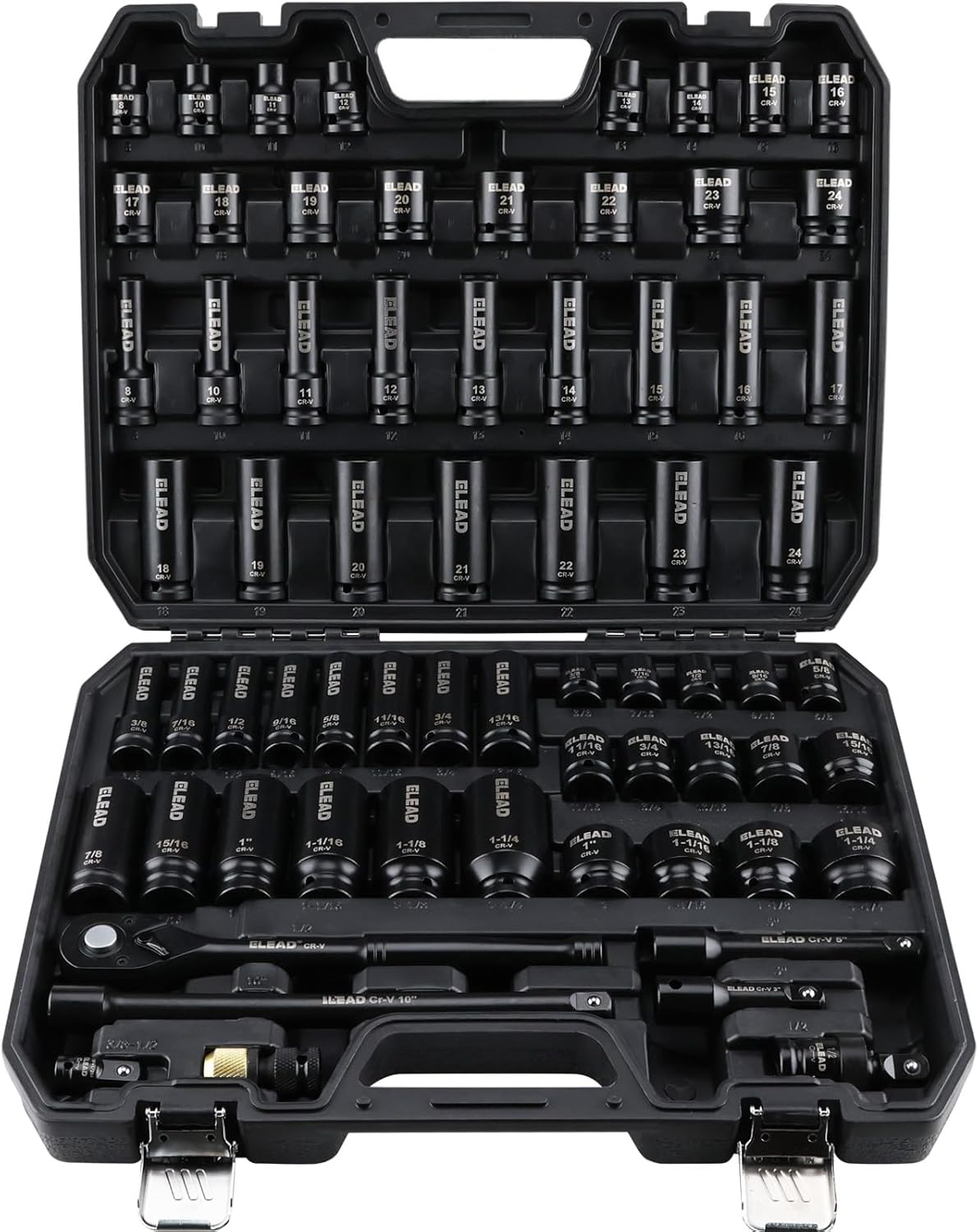 3/8'' Drive Impact Socket Set - 50-Piece Shallow & Deep Socket Set Metric and Standard Full with Universal Joint, Extension Bar, 1/2 to 3/8 Reducer, Hex Shank Socket Adapter, Ratchet Handle