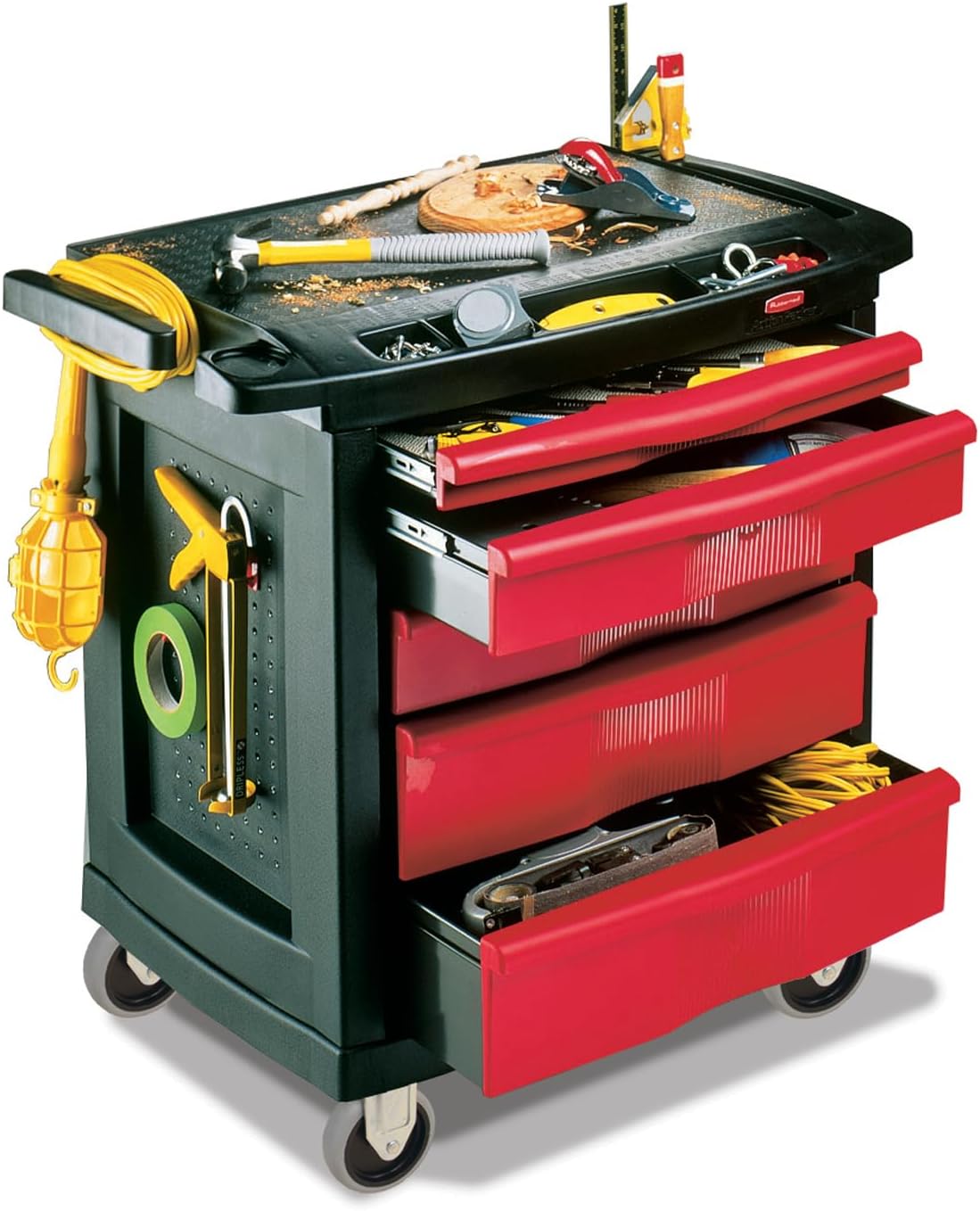 Rubbermaid Commercial Products Mobile Tool Work Center, 5 Drawers, 250 lb. Capacity, Black, for Warehouse/Garage/Cleaning/Maintenance