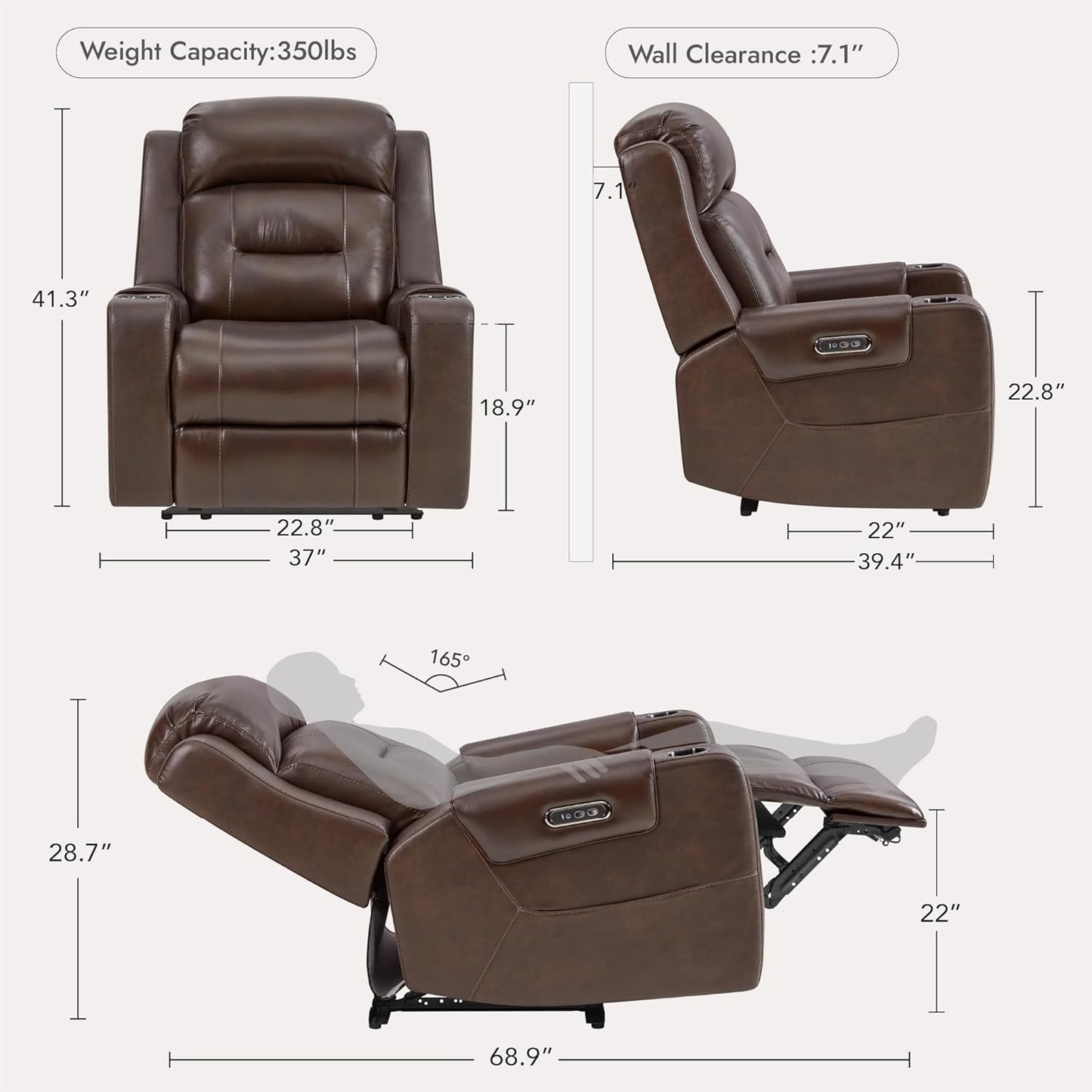 Watson & Whitely Genuine Leather Power Recliner Chairs for Adults, Lay Flat Recliner with Power Headrest, USB Ports and Cup Holders, Electric Reclining Sofa for Living Room, Bedroom, Dark Brown