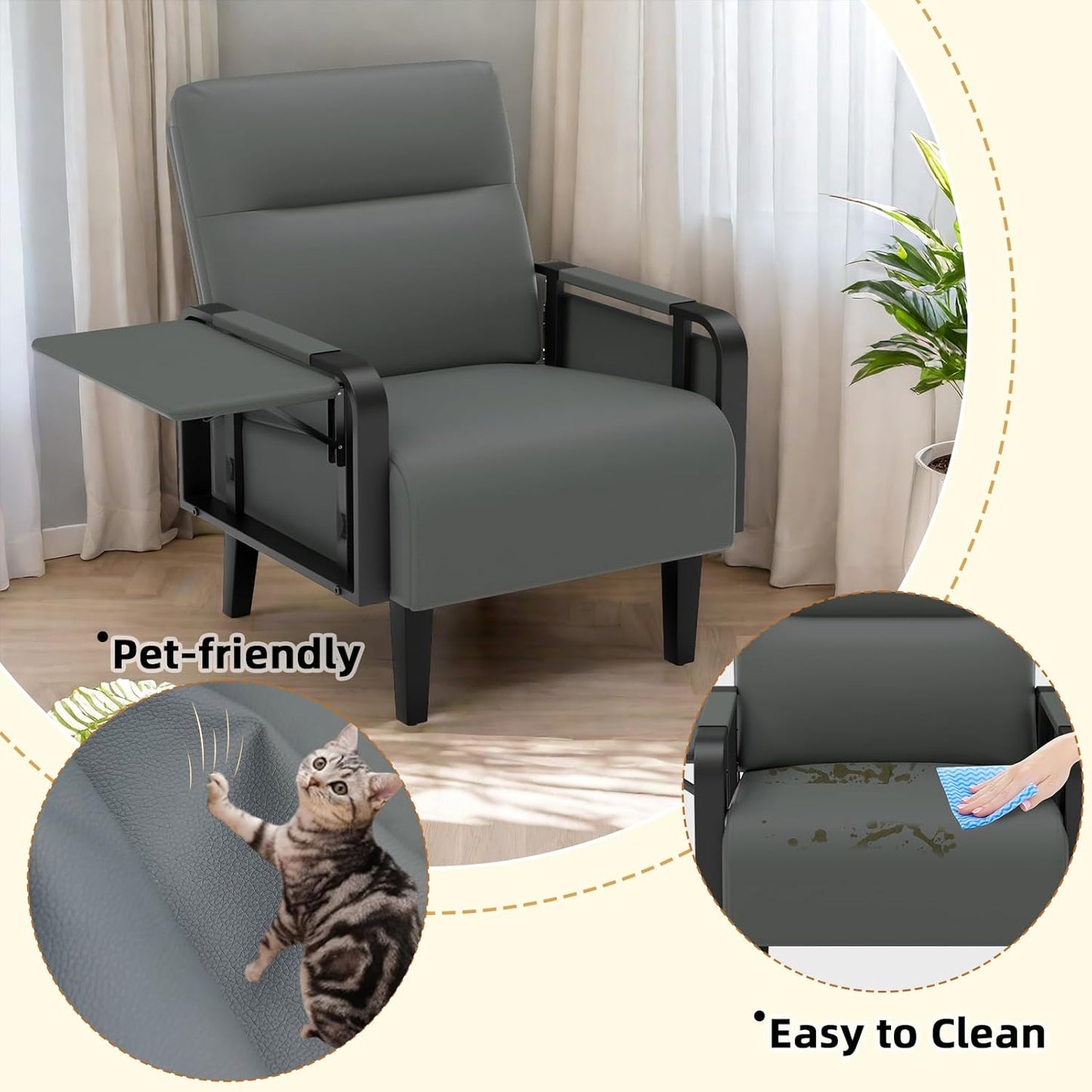 Upholstered Accent Chairs Set of 2, Faux Leather Armchair with Tray Table, Comfy Reading Chair for Living Room, Bedroom, Guest Room, Gray