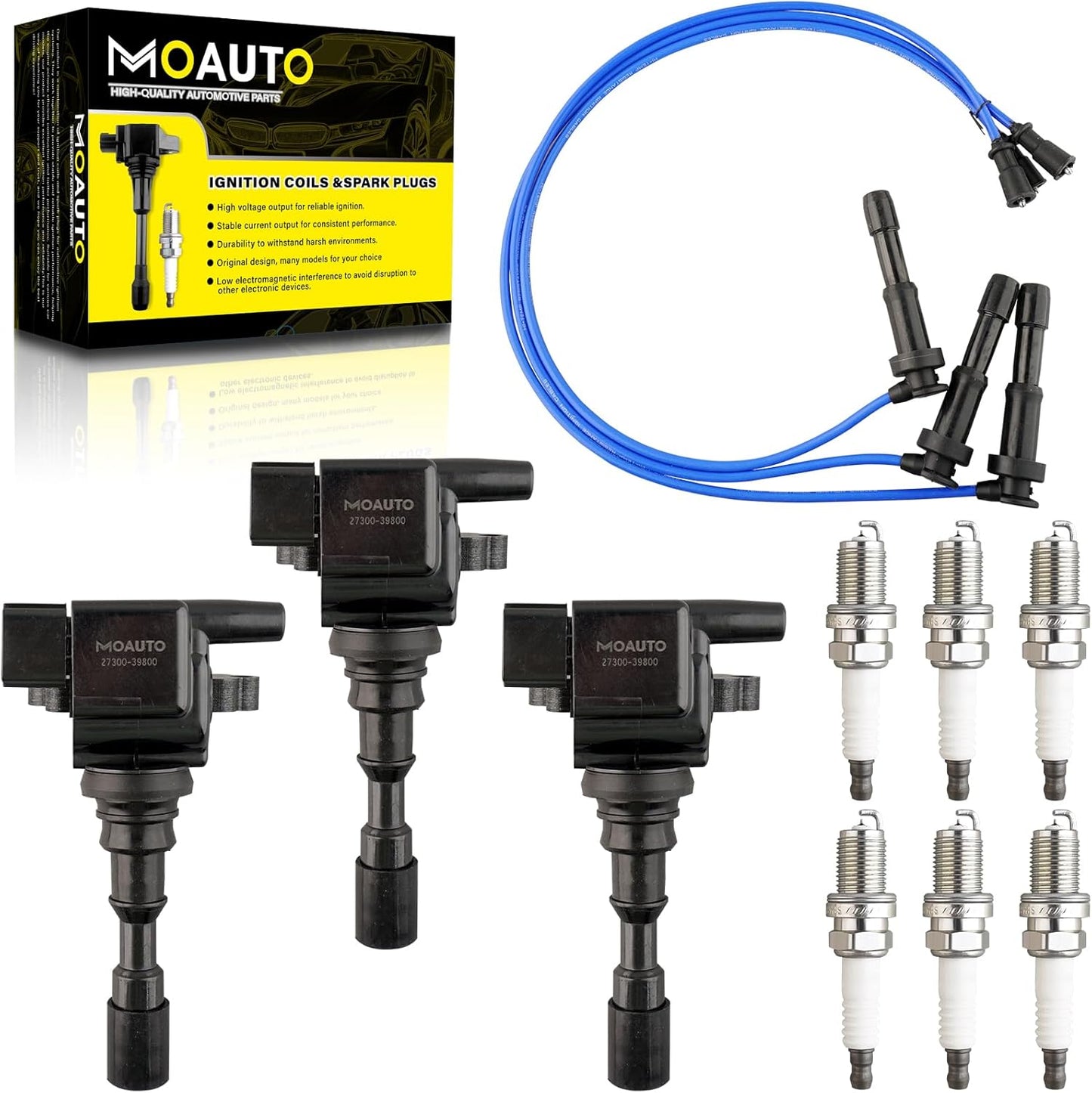 Set of 2 UF196 and 1 UF197 Ignition Coils Pack & 6 PCS Iridium Spark Plugs with Wire Set Compatible with Mitsubishi Montero 1997-2002 Montero Sport 1997-2004 - V6 3.5L 3.0L