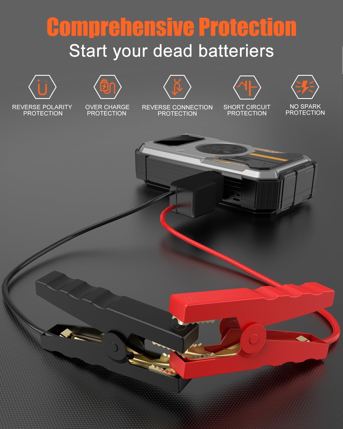 Car Battery Jump Starter with Air Compressor, Rechargeable Car Jumper Portable 6000A (Up to 7.5L Gas, 6L Diesel), LCD Display LED Flashlight Operating Temperature -20℃ to 70℃ (PD-270, 6000A)