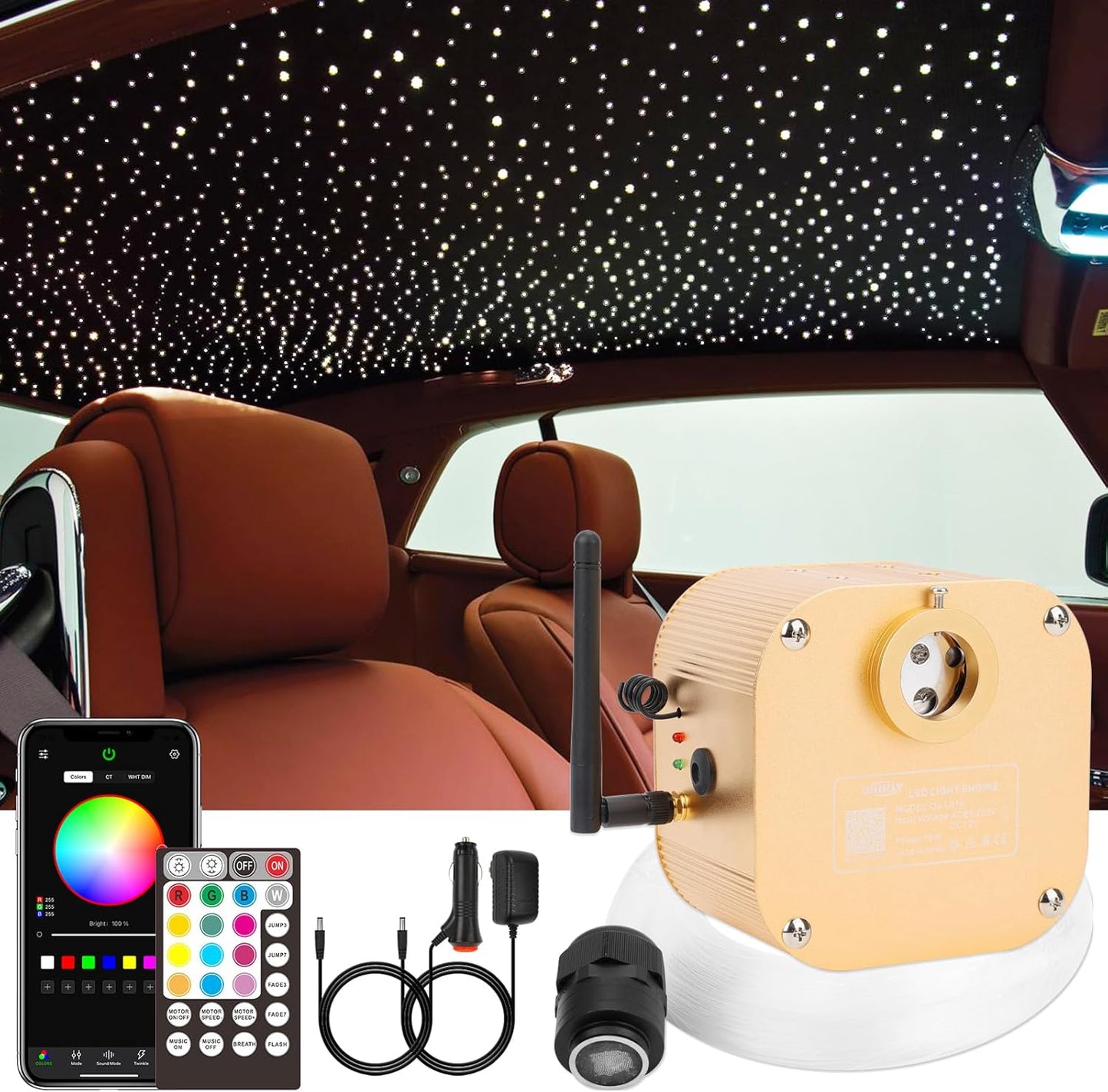 CHINLY Starlight Headliner Kit, Meteor Twinkle 550pcs 0.03in 13.1ft 16w Star Lights for Car Bluetooth RGBW LED Fiber Optic APP/Remote Headliner Light Kit+Shooting Stars Light kit for Car/Home Theater