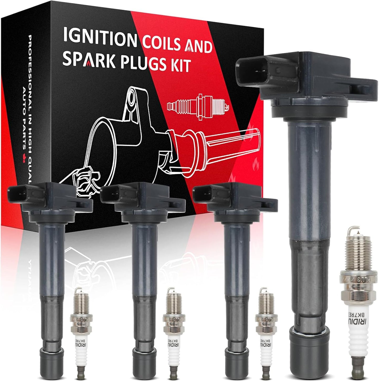 SCITOO ignition coils 4+Spark Plugs 4 4pcs Replacement for P-assat 1.8L 2001-2005,for J-etta 1.8L 2001 2002 2003 2004 2005,for A-udi A4 1.8L 2001-2007 Replace UF411 UF-437, UF-580, CO044