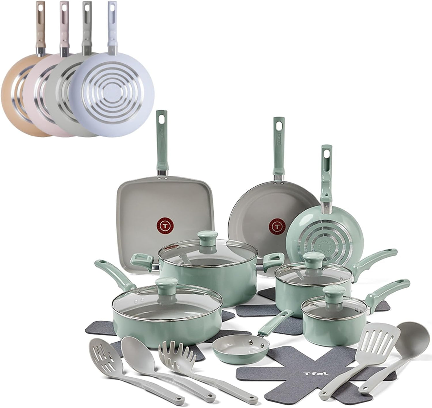 T-Fal Refresh Ceramic Nonstick Cookware Set, 12-Piece Ceramic Pots and Pans Set, Includes Stockpot, Griddle, Frying Pans, Utensils, Moon Grey