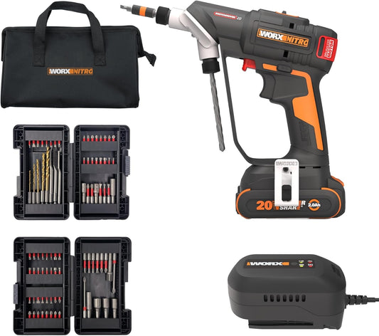 WORX Nitro 20V SwitchDriver 2.0 with 85 pc Accessory Kit, 2-in-1 Brushless Cordless Drill Driver, Drill Set Rotatable Dual 1/4" Chucks, WX177L.2 – (Battery & Charger Included)