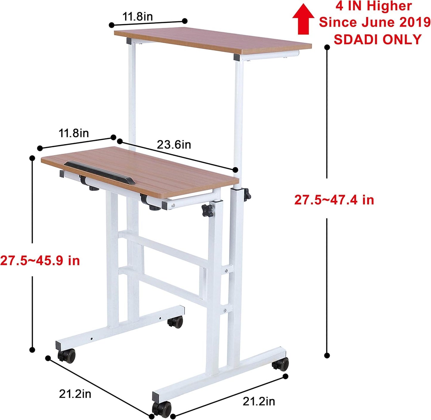 SDADI 2 Inches Carpet Wheels Mobile Standing Desk Stand Up Desk Height Adjustable Home Office Desk with Standing and Seating 2 Modes 3.0 Edition, Dark Grain S001WFDT