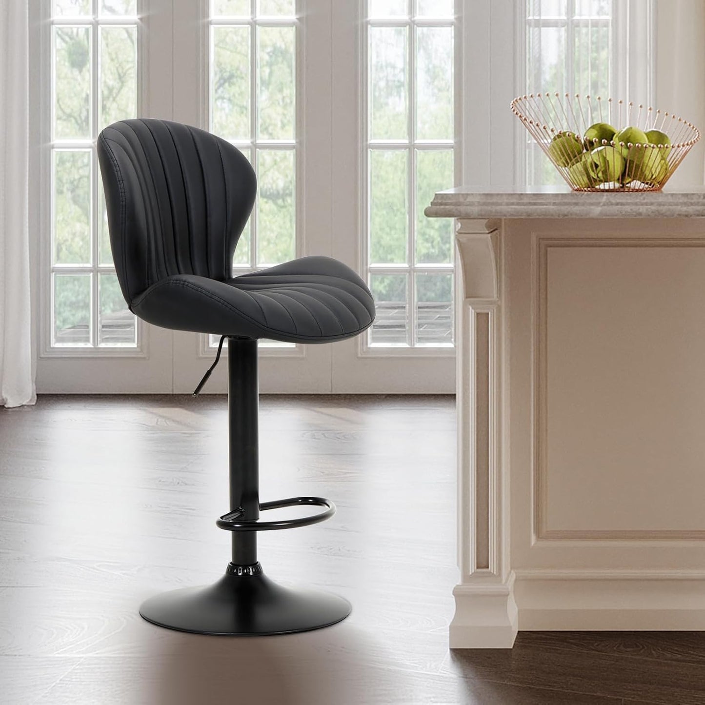 COLAMY Bar Stools Set of 2, Modern Swivel Bar Chairs, Adjustable Faux Leather Upholstered Barstools Counter Height with High Backrest for Bar, Kitchen Island, Dining Room, Black