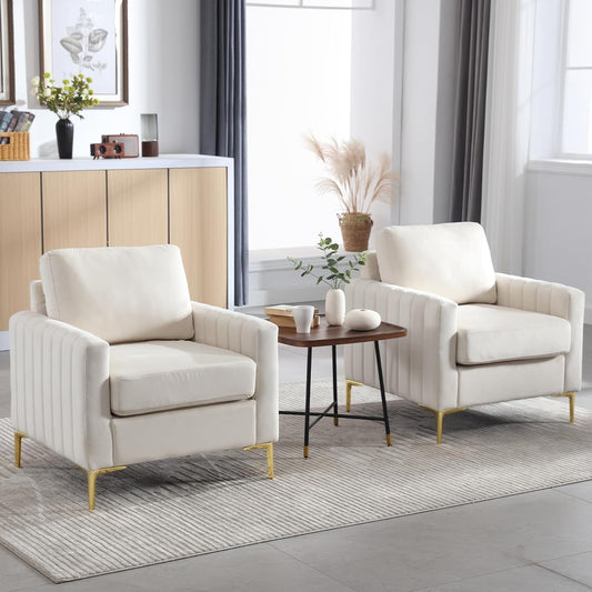 Velvet Accent Chairs Set of 2, Mid Century Modern Side Sofa Chair Comfy Upholstered Arm Chairs Living Room Set Furniture Bedroom Waiting Room Office with Gold Legs (Beige)