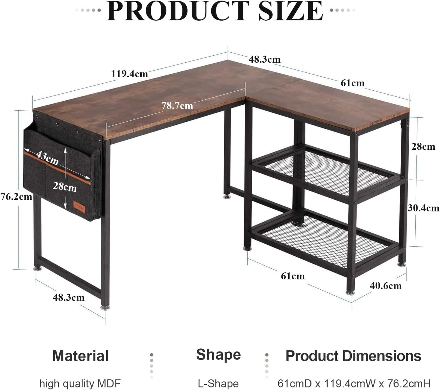 VECELO L Shaped Computer Desk with Storage Bag & Reversible Shelves, 47" PC Wooden Table for Home Office Bedroom, Writing Study Workstation with Metal Frame, Brown