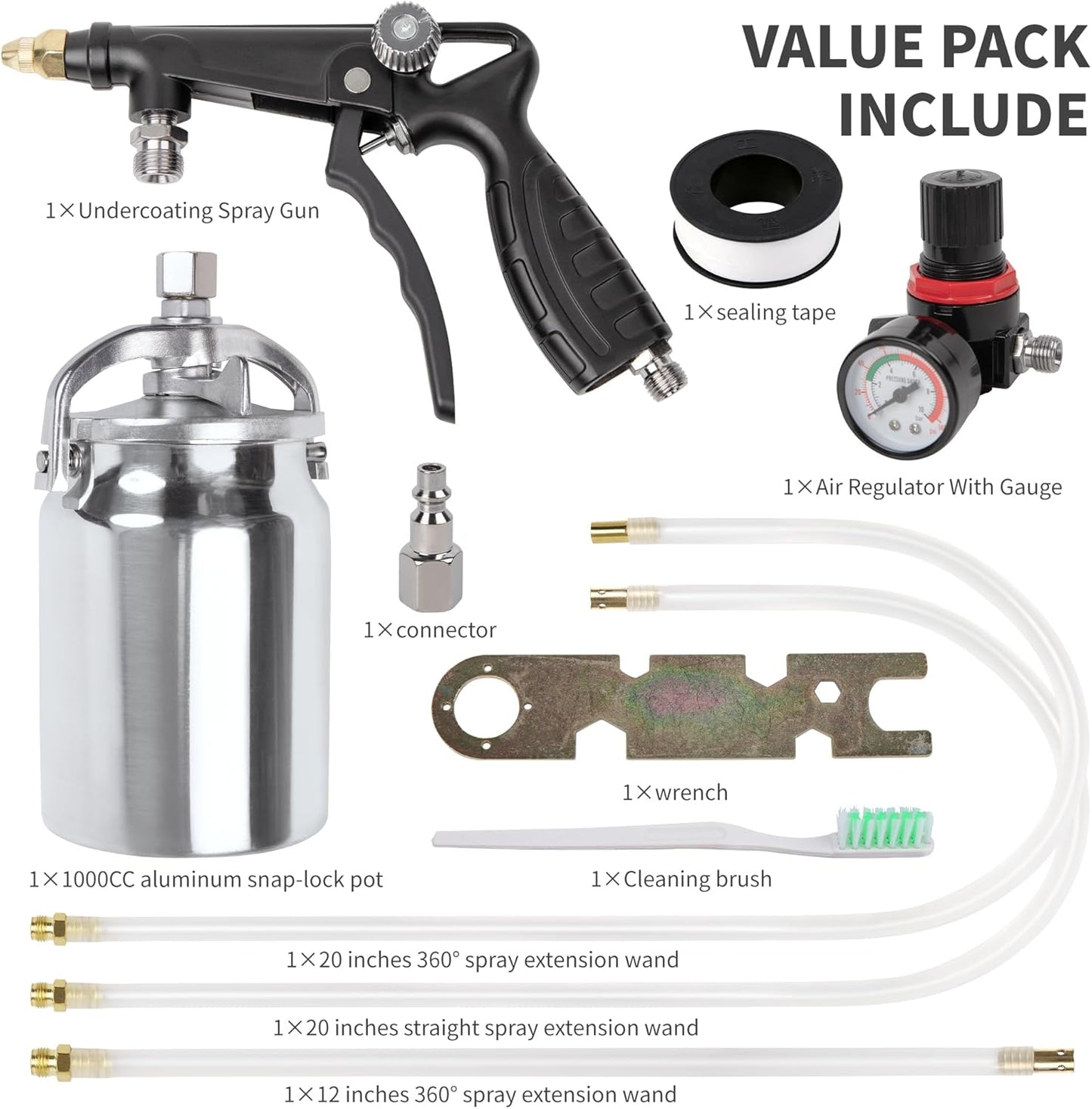 Undercoating Spray Gun with 1000CC Aluminum Cup, Straight & 360° Spray Hose, Undercoating Gun Kit for Vehicles, Rubberized Undercoat, Car Rust Proofing (Black)