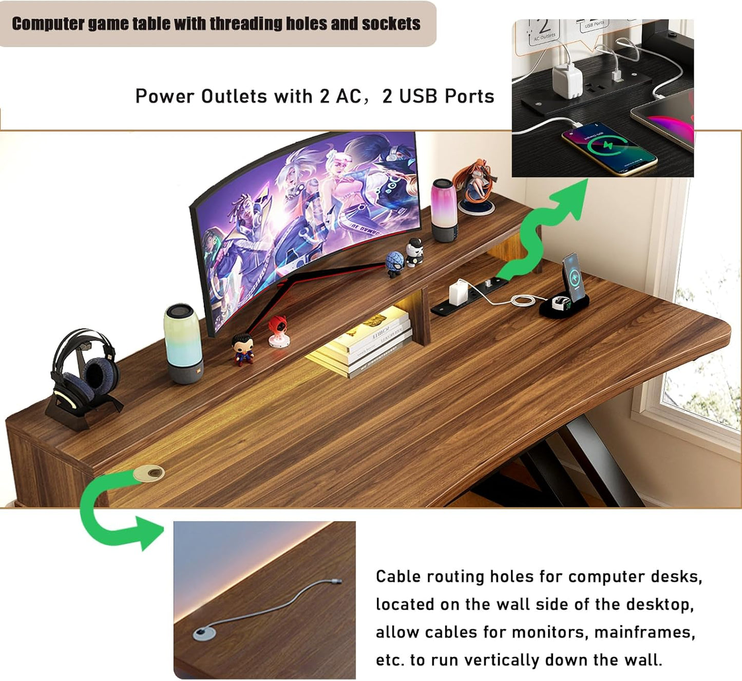 Writing Computer Desk 39.3 Inch, Gaming Desk with Desktop Monitor Stand, Ergonomic Home Office Desk Workstation, Modern Writing Study Desk with Built-in Power Strip (Walnut, 39.3")