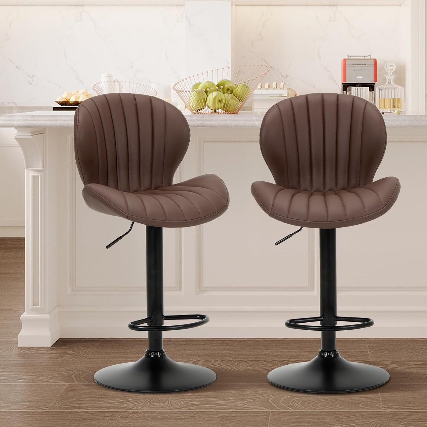 COLAMY Bar Stools Set of 2, Modern Swivel Bar Chairs, Adjustable Faux Leather Upholstered Barstools Counter Height with High Backrest for Bar, Kitchen Island, Dining Room, Black