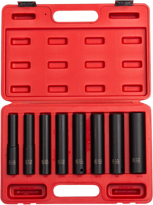 SUNEX TOOLS 2848, 1/2 Inch Drive Impact Socket Set, Extra Long Deep, 8-Piece, SAE, 1/2"-15/16", Cr-Mo Alloy Steel, Radius Corner Design, Dual Size Markings, Heavy Duty Storage Case