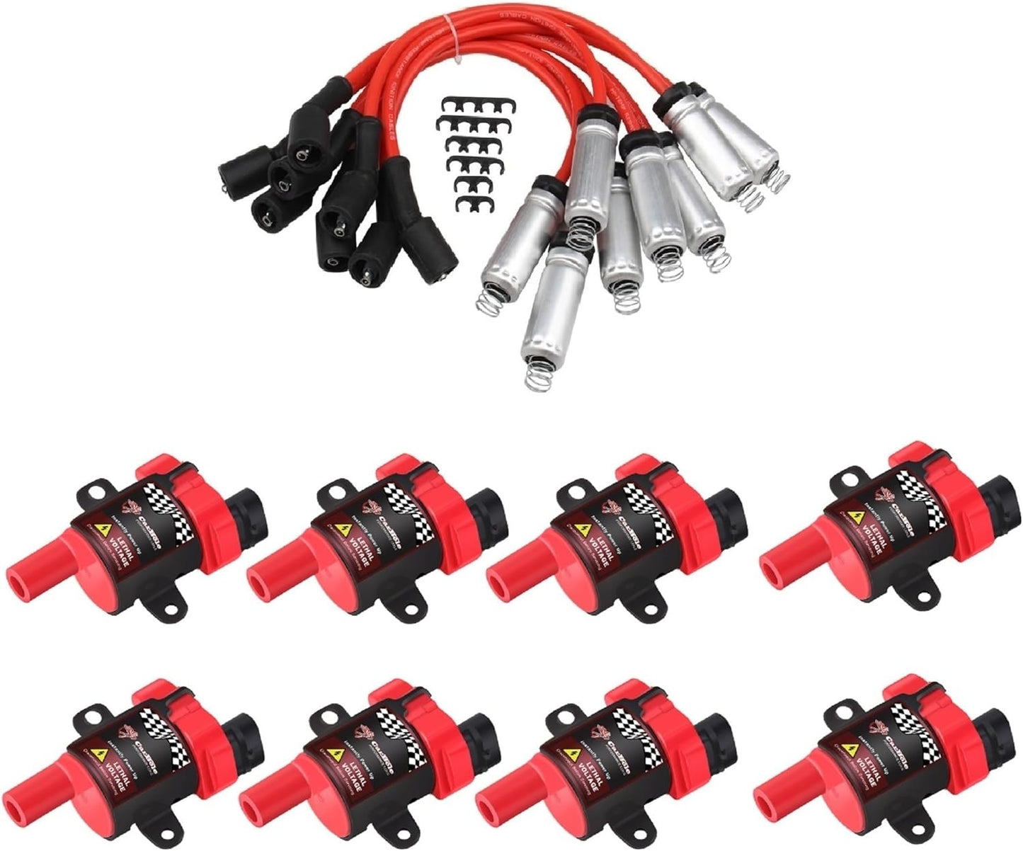 CarBole Round D585 UF262 Ignition Coils and 748UU 8mm Spark Plug Wires Set, Fit For Chevy Silverado LS1 LS3 4.8 5.3L Chevrolet GMC 4.8L 5.3 5.7 6.0, Pack of 8pcs (Round Coils)