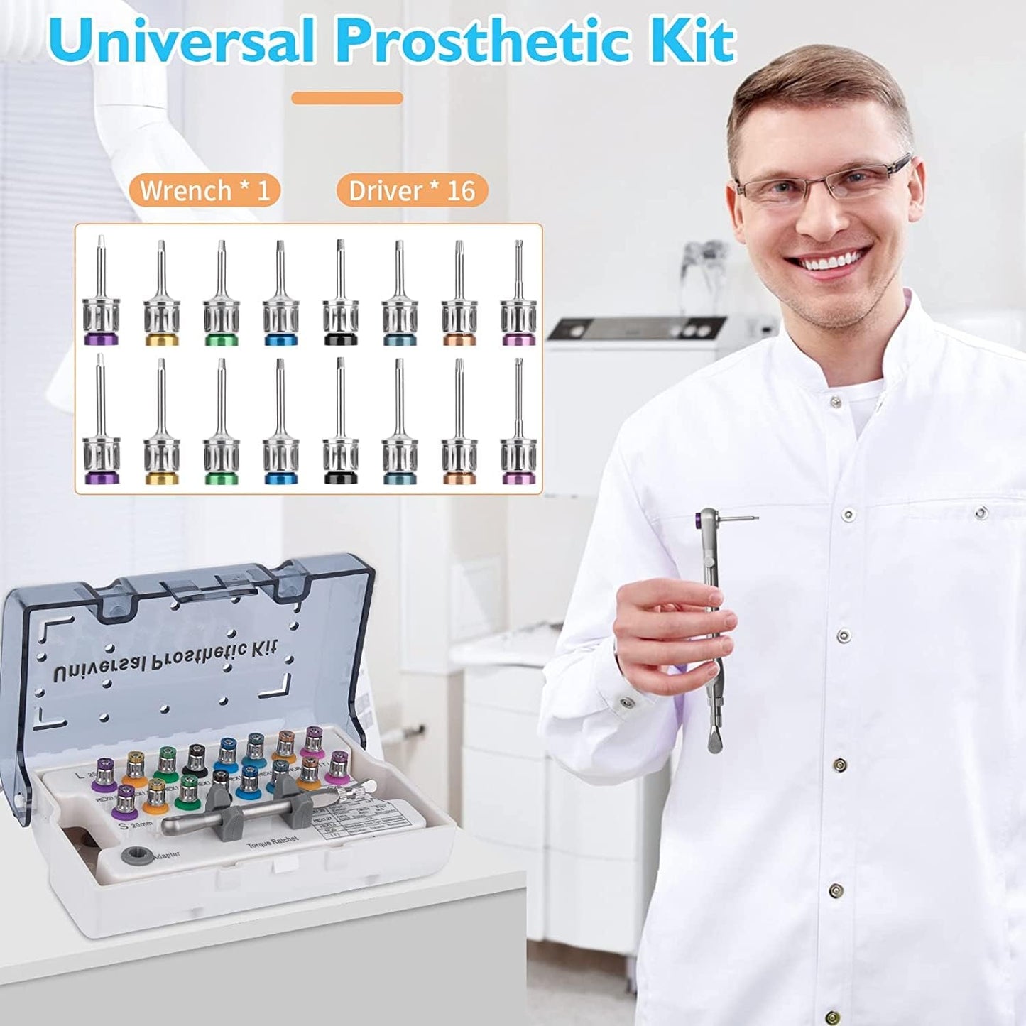 Universal 16 Pcs Universal Implant Prosthetic Kit Long and Short - Dental Implant Driver Kit with Torque Wrench Size 10-70Ncm - Dental Implant Restoration Screwdriver Kit- By PAKMED