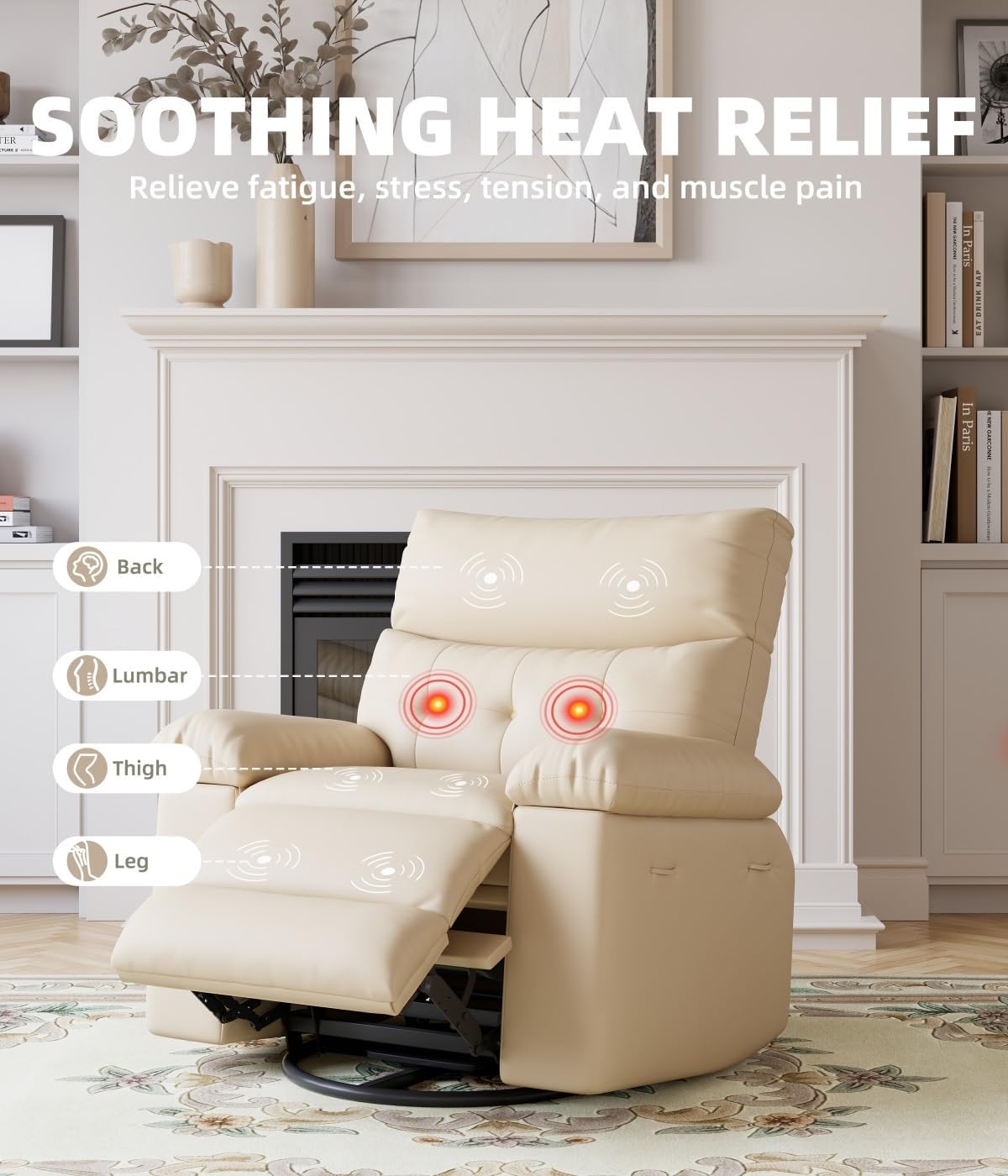 27" Oversized Recliner Chairs with Heat and Massage - 360° Swivel Lazy Recliner Chair for Adults- Manual Rocking Chair with Remote Control for Living Rooms, Bedrooms and Nurseries - Creamy