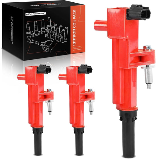 A-Premium (Red) Engine Ignition Coil Pack Compatible with Jeep & Dodge & Mitsubishi & Ram Models - Grand Cherokee 2009-2010, Liberty, Commander, Ram 1500, Durango, Nitro, Dakota, 3.7L, 3-PC Set