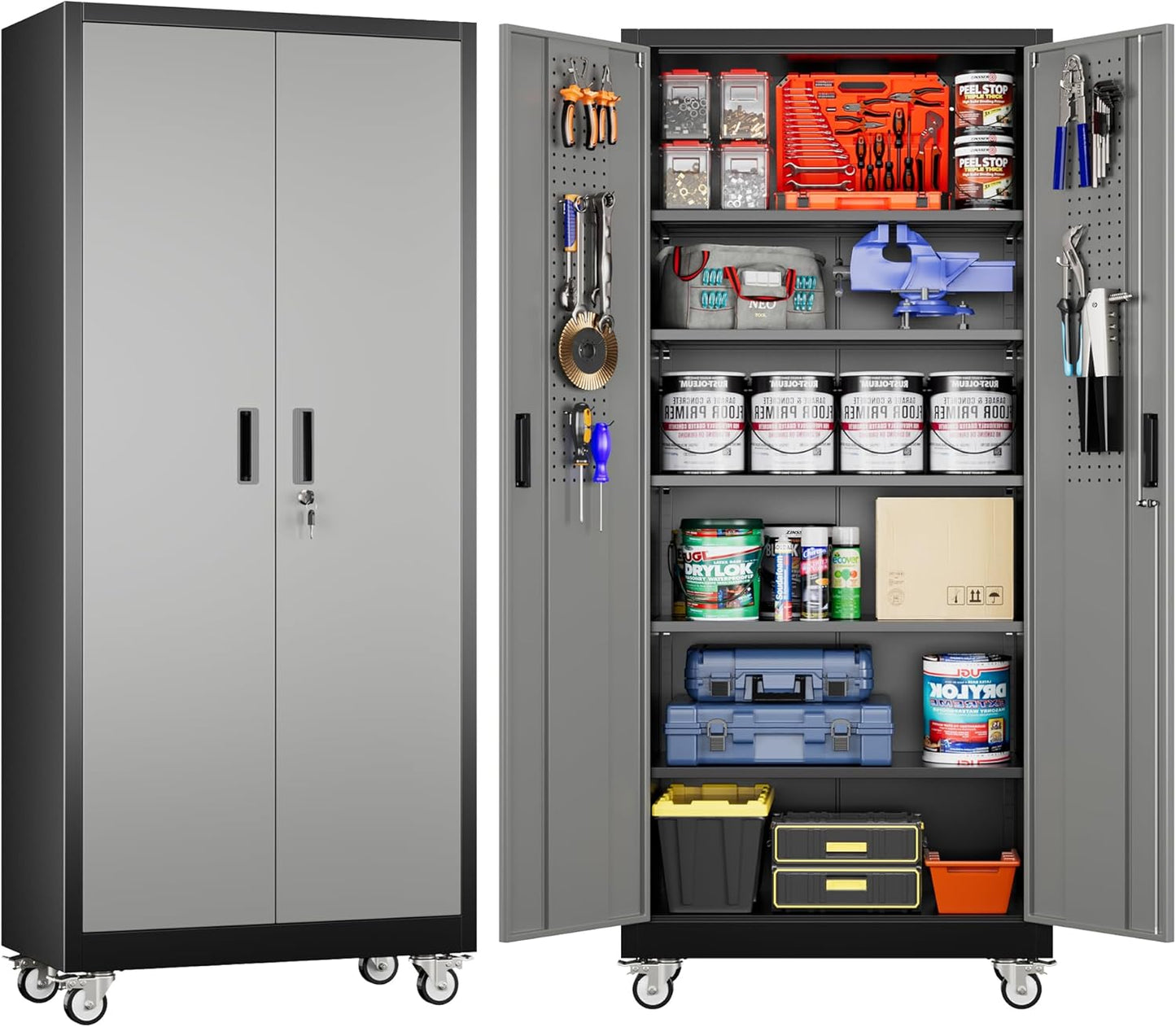 71" H Broom Storage Cabinet with Wheels and Doors,Rolling Tool Cabinet with Pegboard,Shelves and Rod for Garage Warehouse Home,Required Assembly,Black