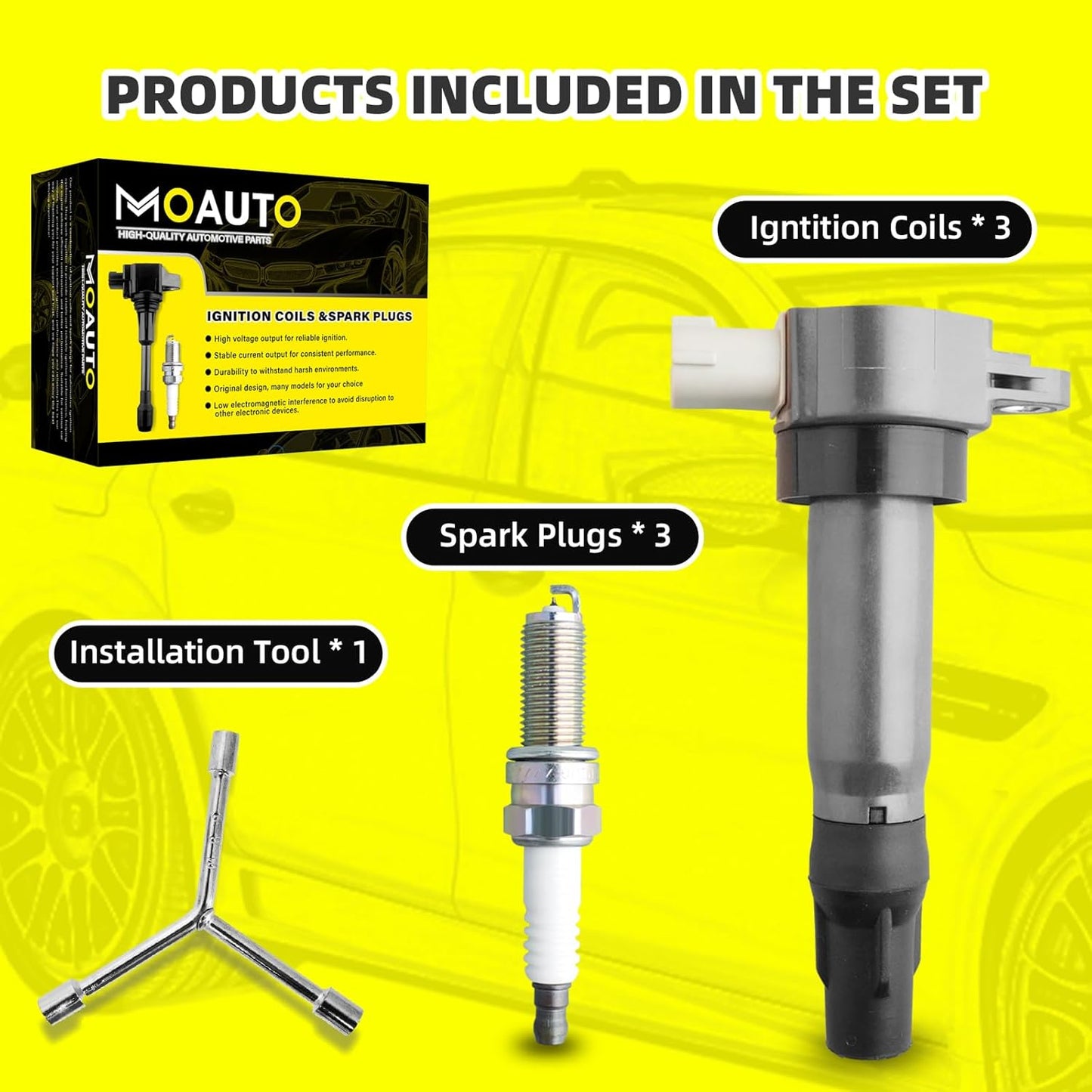 Set of 3 Ignition Coils Pack UF681 1321580003 & 3 PCS Iridium Spark Plugs Compatible with 2005-2015 Smart Fortwo 1.0L 0.8L Electric