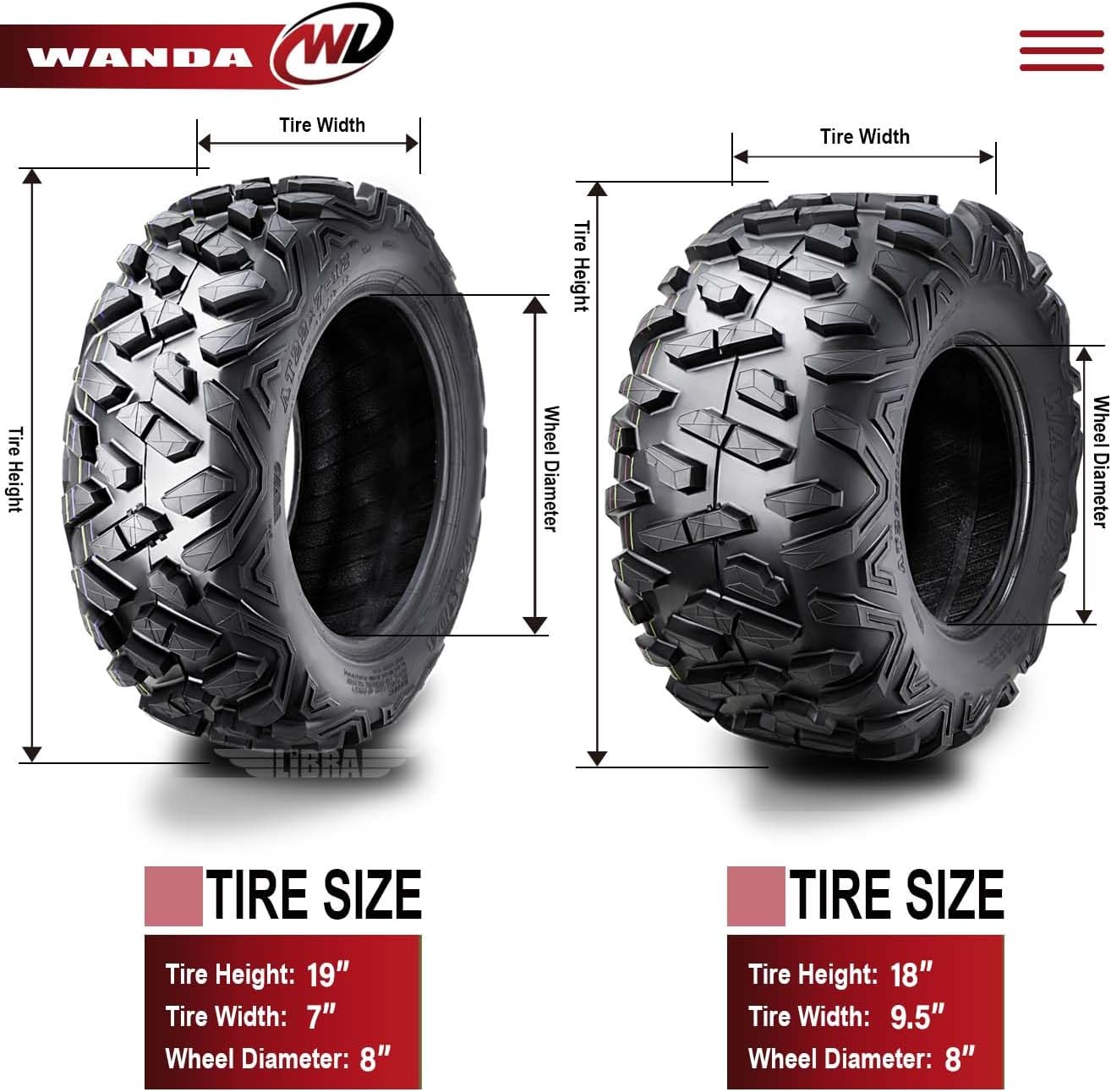 WANDA Set of 4 ATV tires 19x7-8 & 18x9.5-8 Big Horn Style fit for 2001-2014 Polaris Sportsman 90