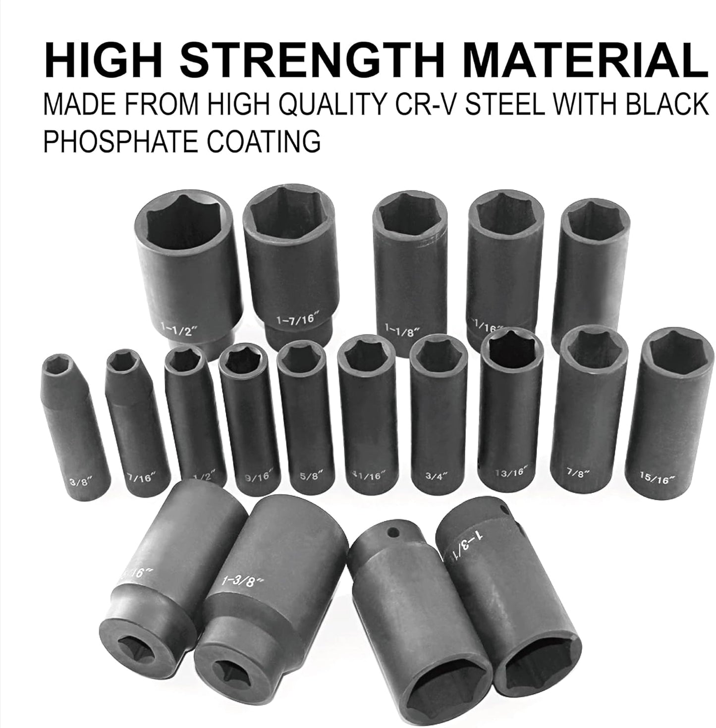 19pcs 1/2" Impact Socket Set, 6-Point Deep Socket, Cr-V Steel, 3/8 inch - 1-1/2 inch