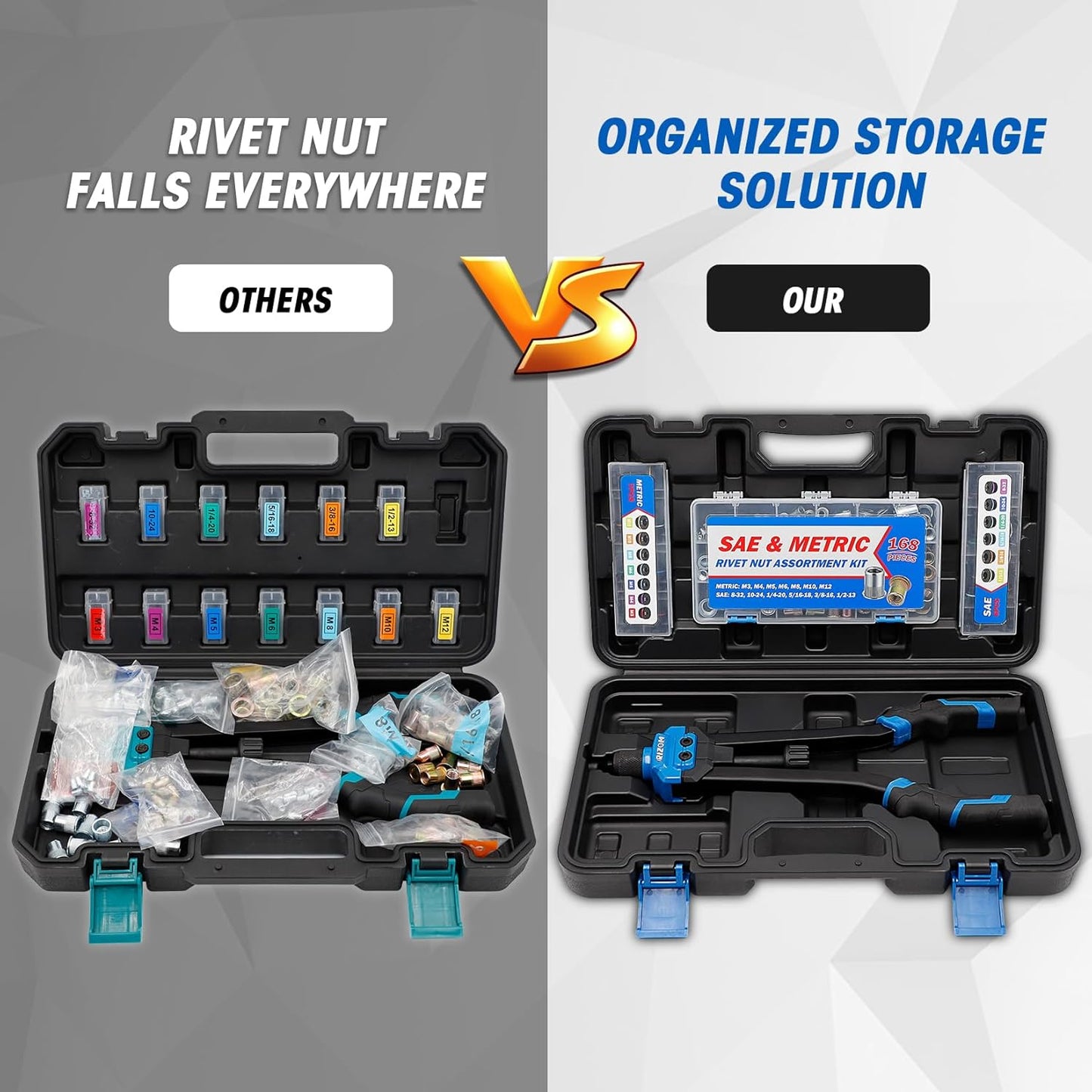 Rizom Rivet Nut Tool, 16” Rivnut Tool Kit with 13 Metric and SAE Mandrels, Threaded Nutsert Tool, 168PCS Rivet Nut Assortment Kit in Organized Carrying Case