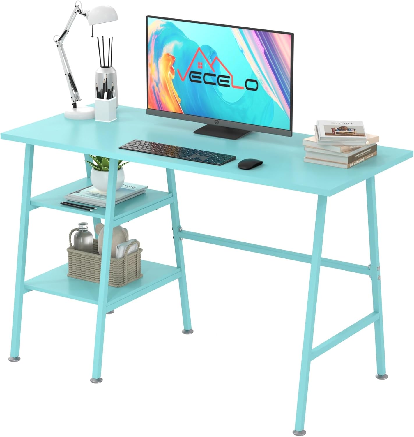 VECELO 43 Inch Computer Home Office Desks, Writing Desk Home Office with 2 Tier Storage Shelves，Adjustable Feet/Waterproof,Simple Workstation, Blue Desk