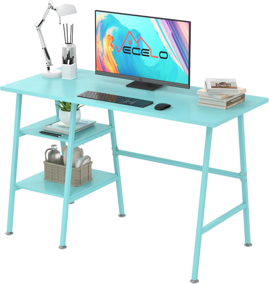 VECELO 43 Inch Computer Home Office Desks, Writing Desk Home Office with 2 Tier Storage Shelves，Adjustable Feet/Waterproof,Simple Workstation, Blue Desk