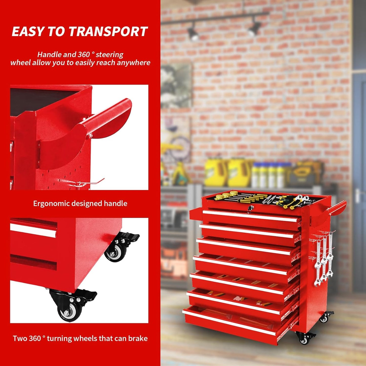 7-Drawer Tool Chest, Roling Tool Box with Wheels & Drawers & Lock, Toolbox Organizer Storage for Garage/Workshop/Home, Suitable for Moving/Gift/Daily Use