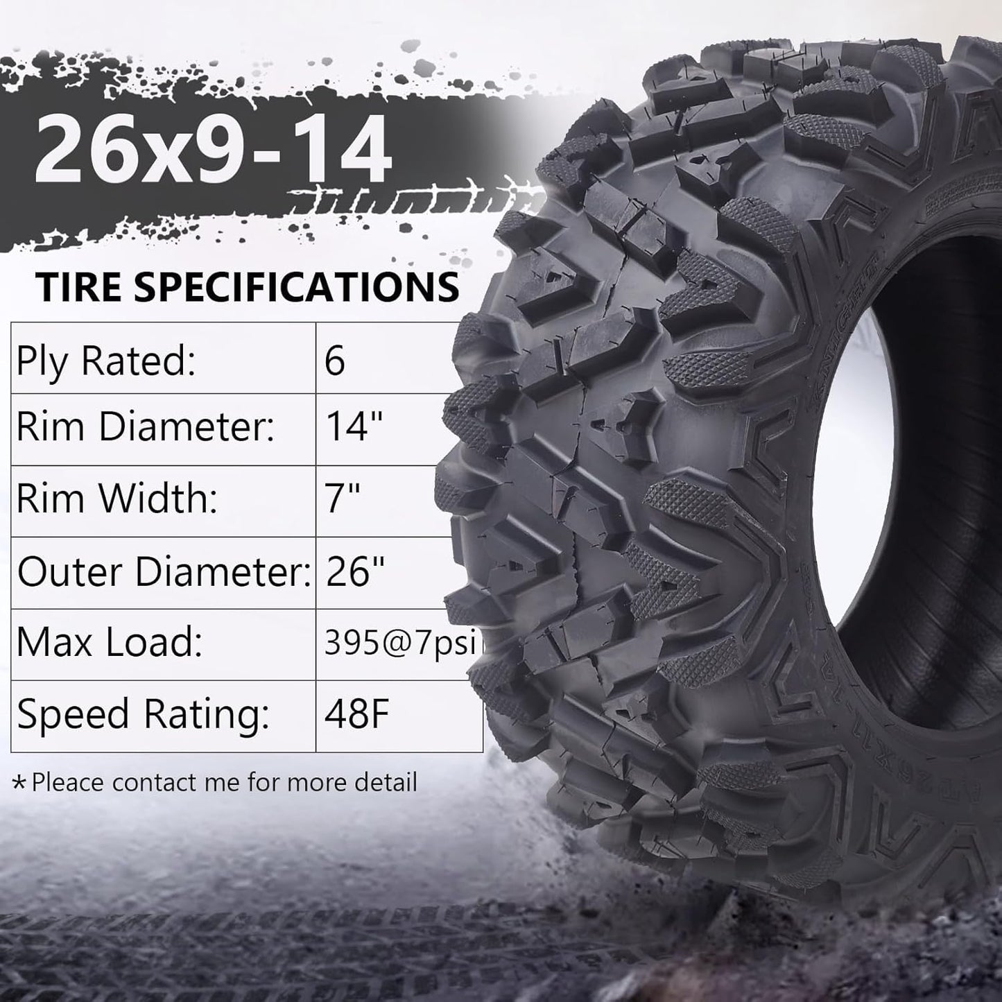 2 Pack ATV UTV AT Mud & Trail Tires,26x9-14 6PR Professional Terrain Off-Road Tires