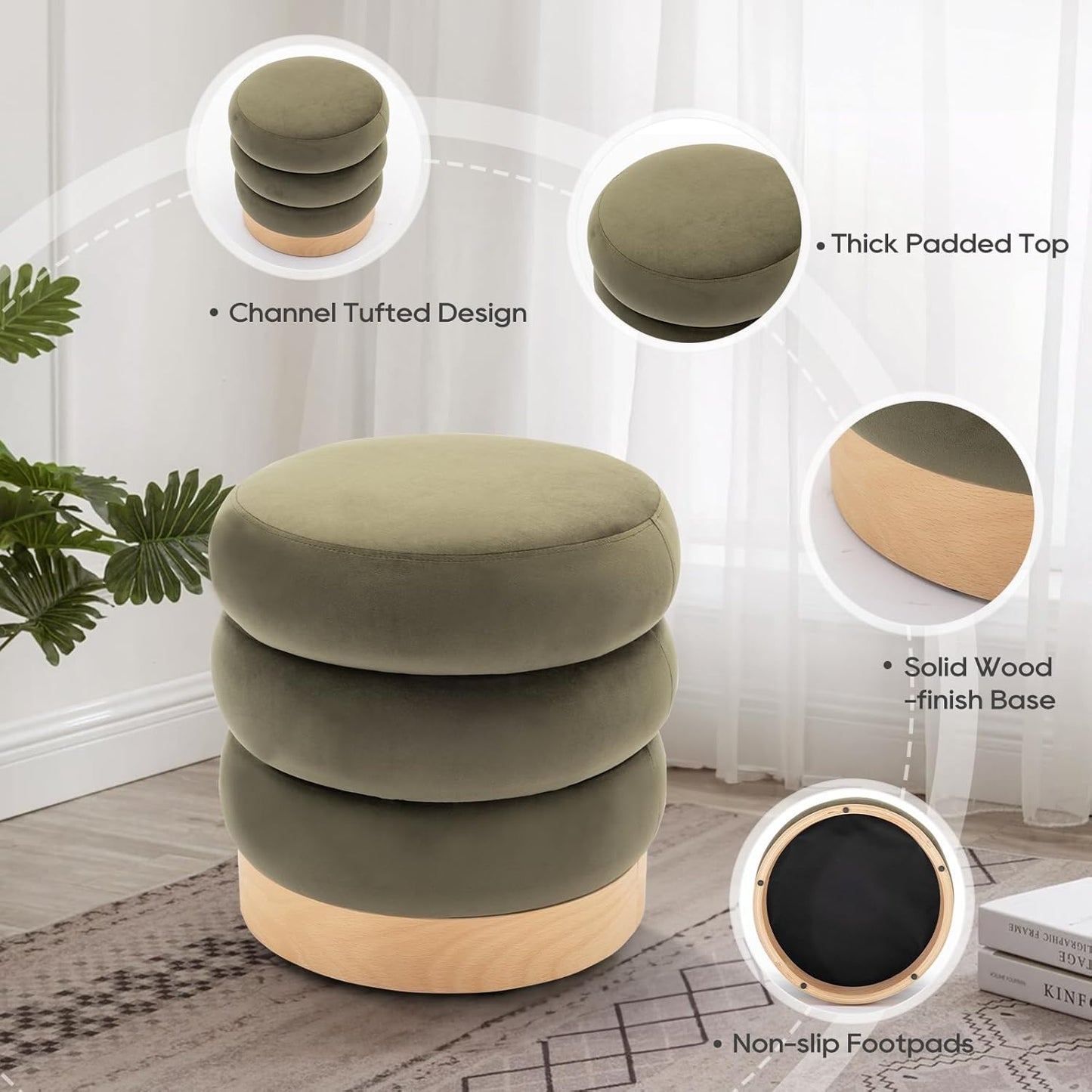 COLAMY Velvet Ottoman Footstool, Tufted Modern Foot Rest Stool with Wood Base for Living Room, Bedroom, Desk, Round Versatile Side End Table, Pouf, Makeup Seat,2pcs,Green
