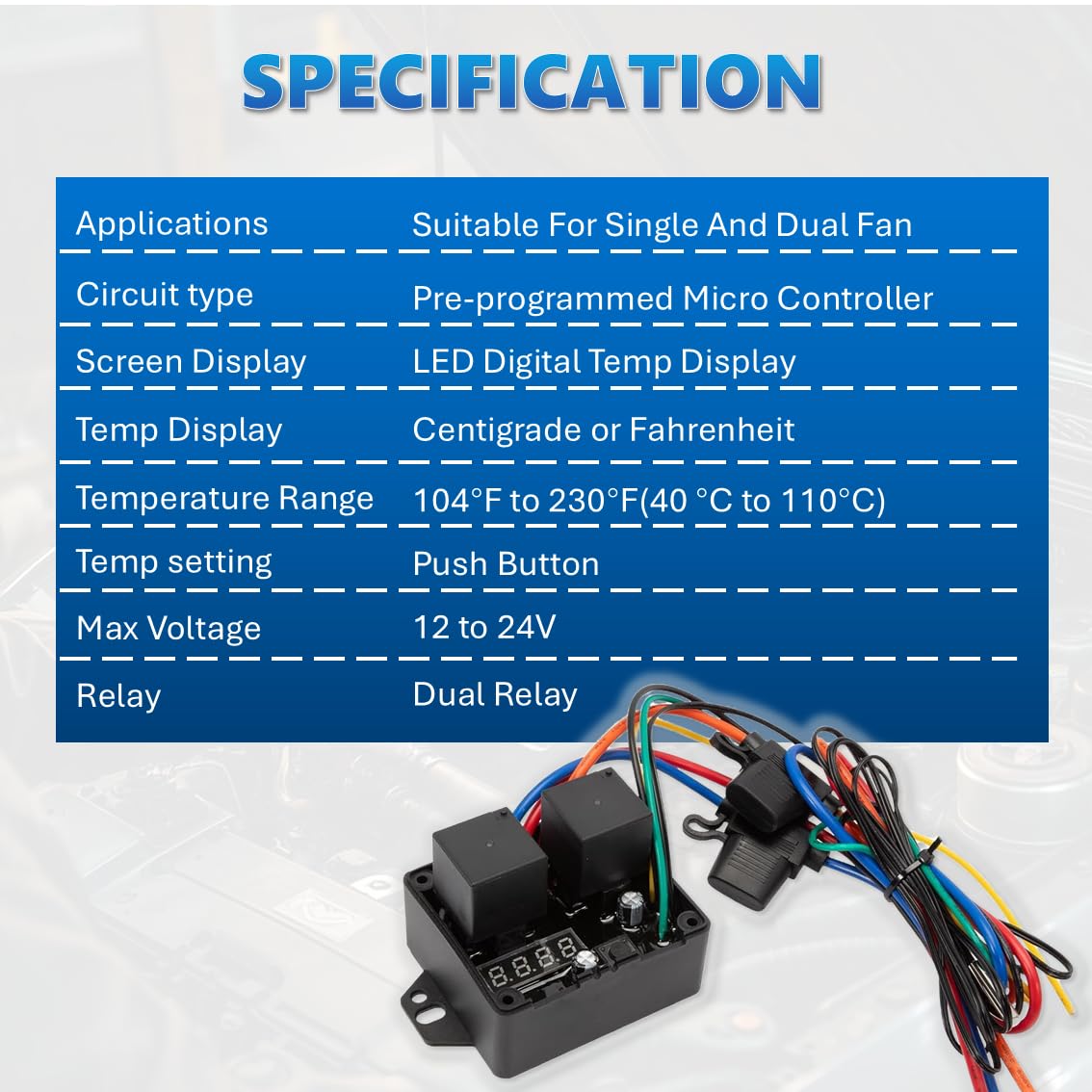 12V/24V Digital Electric Radiator Fan Controller Switch Kit with Adjustable Temperature Range (104-230°F), LED Real-Time Display, Thermatic Dual Fan Relay Kit for Automotive Systems (Part #0444)