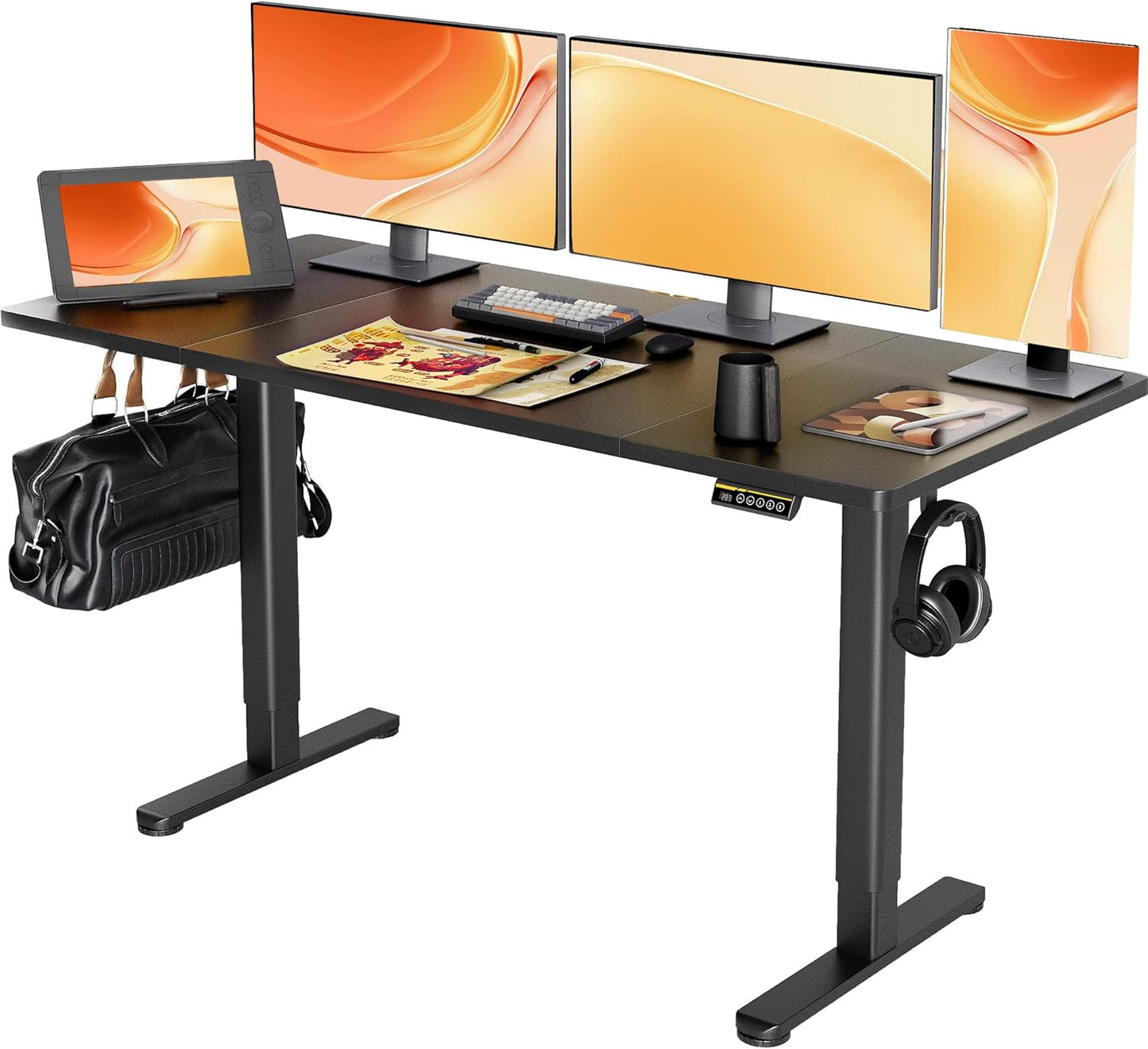 Claiks Electric Standing Desk, Adjustable Height Stand up Desk, 24x48 Inches Sit Stand Home Office Desk with Splice Board, Black Frame/Rustic Brown Top