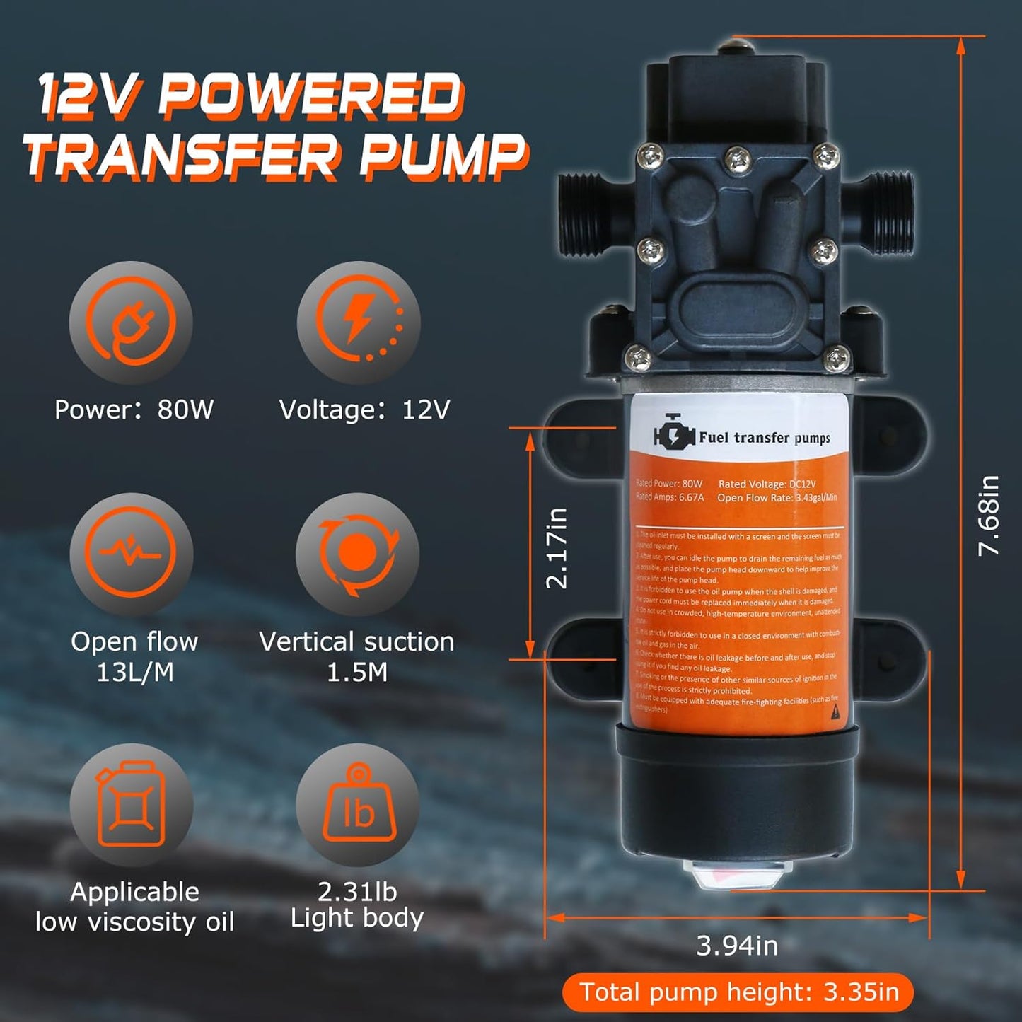 12V Fuel Transfer Pump Set, Moves Up to 120 Gallons of Gas or Diesel Per Hour with 80W DC Motor, Suitable for Vehicles, Boats, Equipment, Gasoline, Diesel (Pump and Hose)
