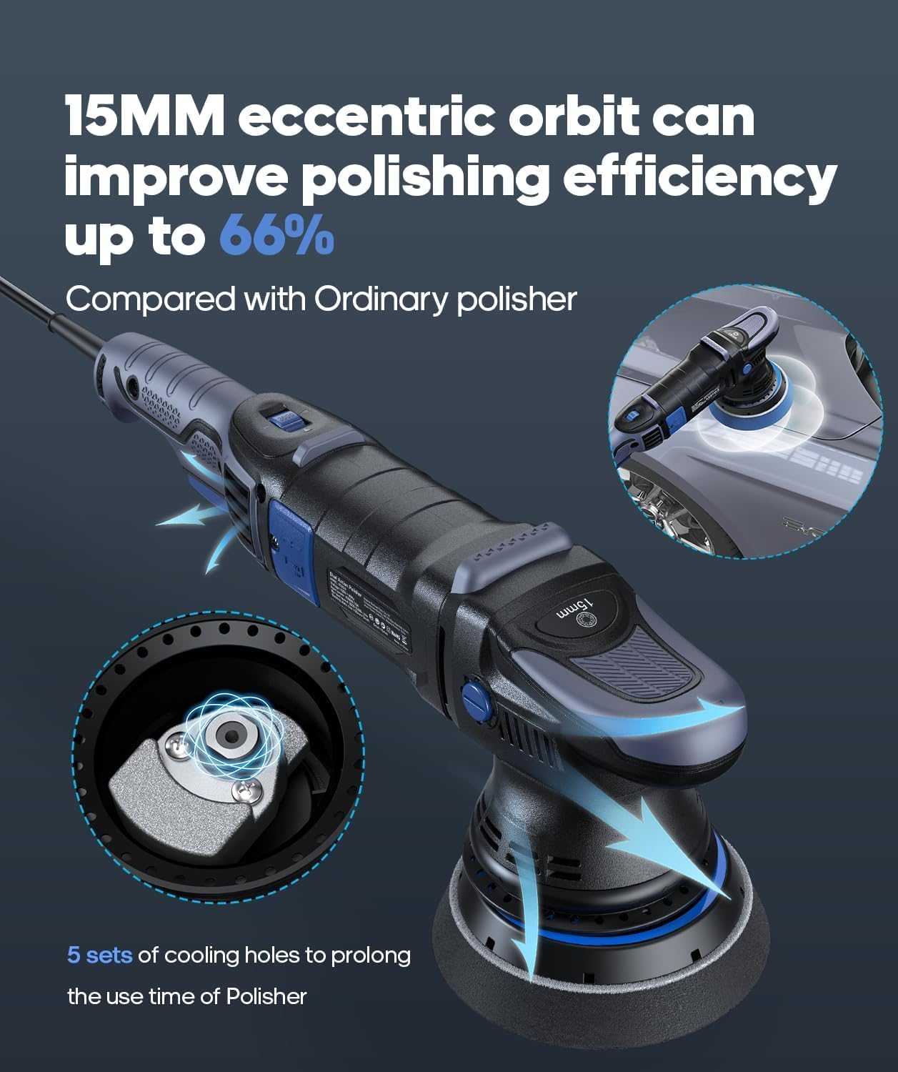 Car Polisher, 1000W Buffer Polisher with 11 Variable Speeds (3000-5200 RPM) with 4 T-Shaped Polishing Pads & 15MM Random Orbital, Polishing Efficiency by 67% Ideal for Car Polishing Care