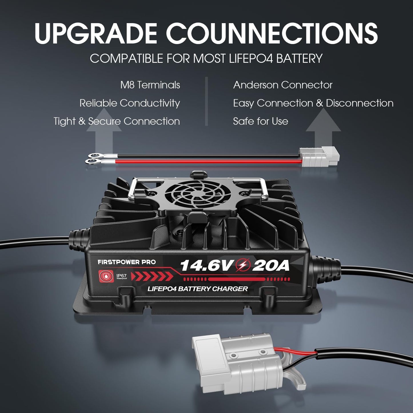 14.6 Volt LiFePO4 Battery Charger, 12V 20A Lithium Battery Charger Maintainer with Anderson Connector LED Indicator, Handle Design for Cars,Golf Carts,UAV,Fishing Boat,RV and Deep Cycle Batteries
