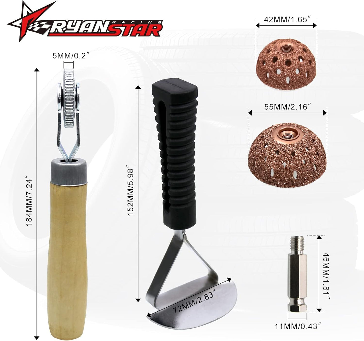 RYANSTAR RACING Tire Repair Set Includes 2500rpm Low Speed Air Tire Buffer Tire Patch Roller Tire Inner Liner Scrapper 3Pcs Tungsten Steel Buffing Wheel 42mm 55mm