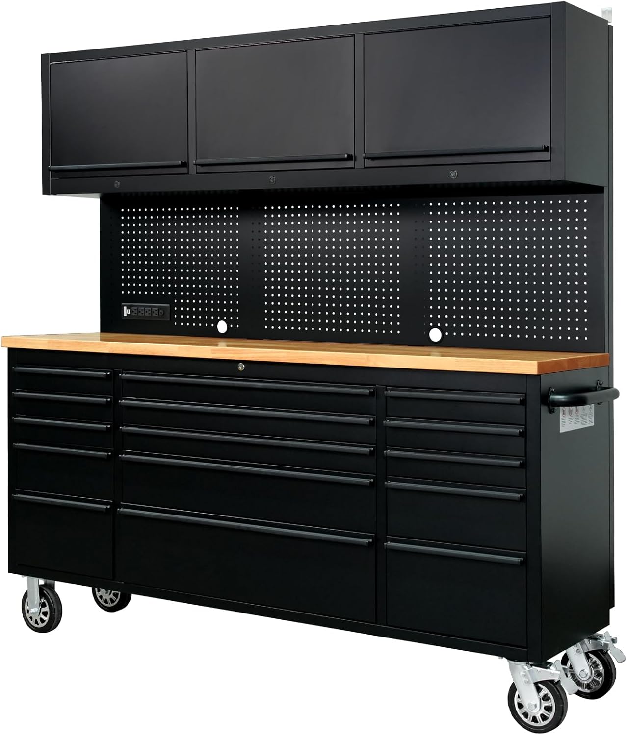 CHETTO C 72-inch Rolling Tool Chest Cabinet Mobile Workbench with 15 Storage Drawers and Wheels 3 Uper Cabinet Outlet SS Pegboard Black Tool Box for Garage