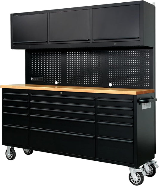 CHETTO C 72-inch Rolling Tool Chest Cabinet Mobile Workbench with 15 Storage Drawers and Wheels 3 Uper Cabinet Outlet SS Pegboard Black Tool Box for Garage