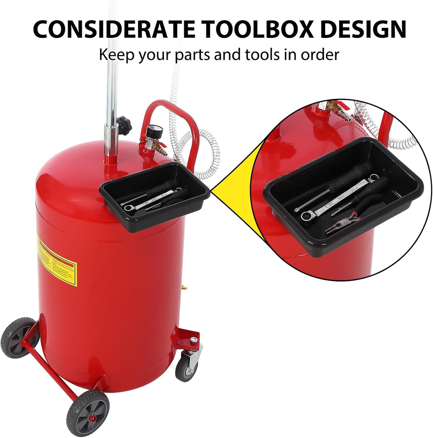 20 Gallon Oil Drain Tank, Fluid Fuel Transfer Tank, Portable Oil Drain Container, Air Operated Drainer with Wheels and a Toolbox, Adjustable Funnel Height