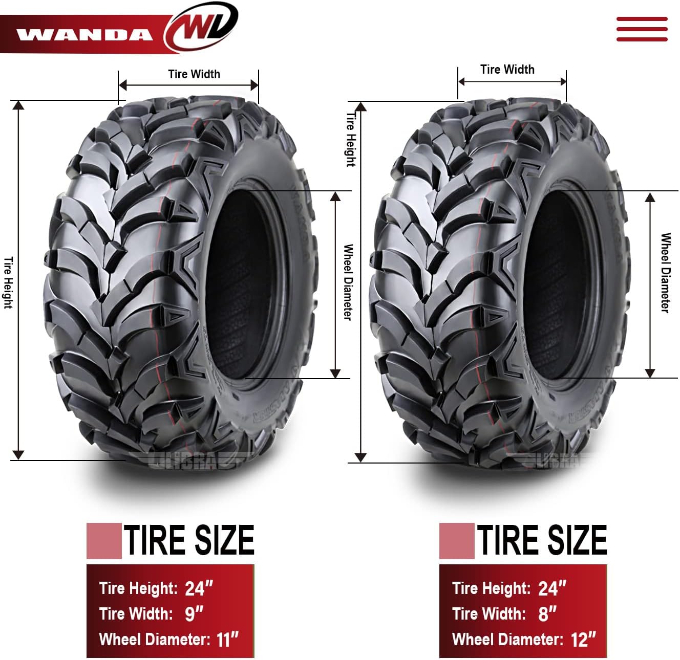 WANDA Set 4 ATV tires 24x8-12 & 24x9-11, Fit for 00-06 Honda Fourtrax Rancher TRX350FM 350 4X4, Load Capacity- 365 Pounds