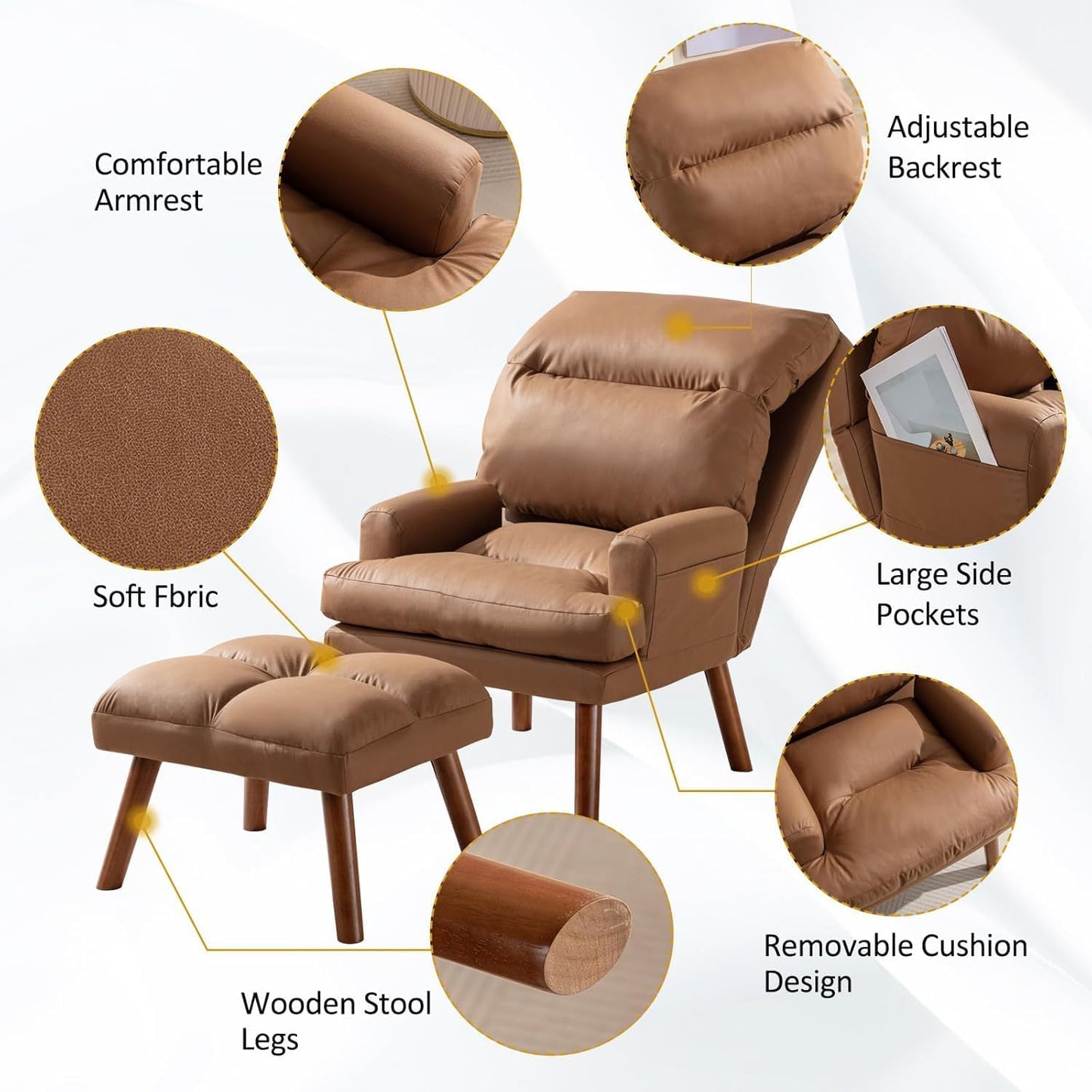 CANMOV Modern Accent Chair with Ottoman Set of 2, Soft Fabric Armchair with Adjustable Backrest and Side Pockets, Comfy Lounge Chair for Living Room, Bedroom, Apartment, Office, Camel