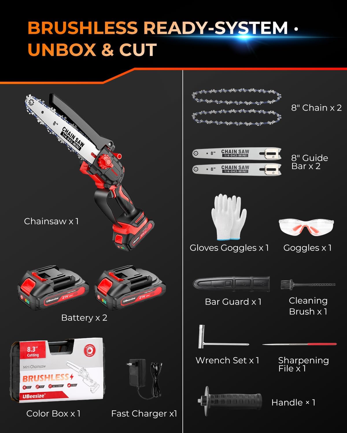 UBeesize Mini Chainsaw Cordless 8inch | Longer Runtime | Brushless Motor | Ergonomic Handle Design | Easy to Install | Professional Battery Chainsaw Perfect for Tree Trimming,Wood Cutting, Garden Work