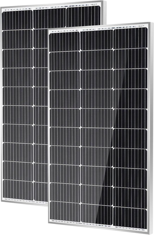 Traver Force 100W 12V 10BB Monocrystalline Solar Panel, Up to 25% High Efficiency Module with Grade A+ Cells, Waterproof for RVs, Motorhomes, Cabins, Marine, Boat，2pcs